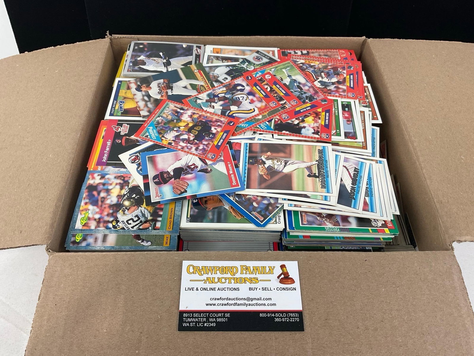 Box of 90s Assorted Sports Cards, roughly 5-6000 cards, Classic, Donruss, Fleer, NFL Pro & more: See pics for condition. Measures approx 7h x 14w x 13d inches. E-5570