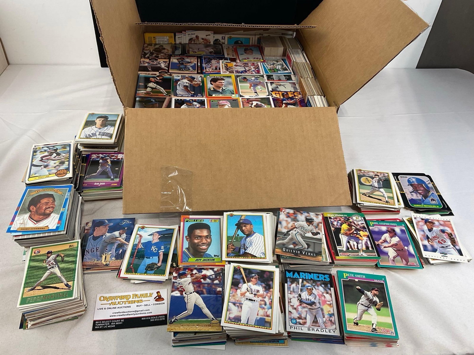 Box of Baseball Cards, approx 5000-6000 pcs, Bowman, Topps, Score, & more: See pics for condition. Measures approx 7h x 15w x 15d inches. E-5570