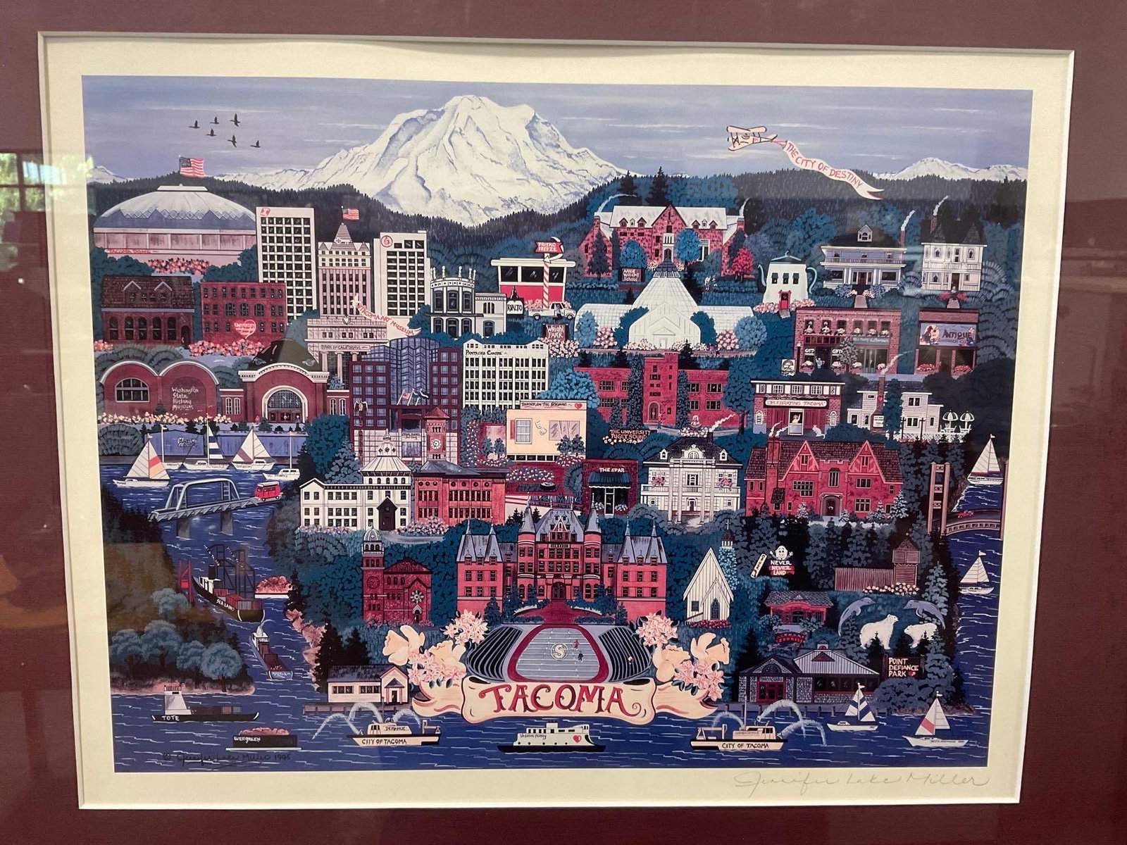 Framed Signed Print, Stylized View of Tacoma Washington, PNW Artist Jennifer Lake Miller, 19x23 in: See pics for condition. Measures approx 19h x 23w x 3d inches. E-6290
