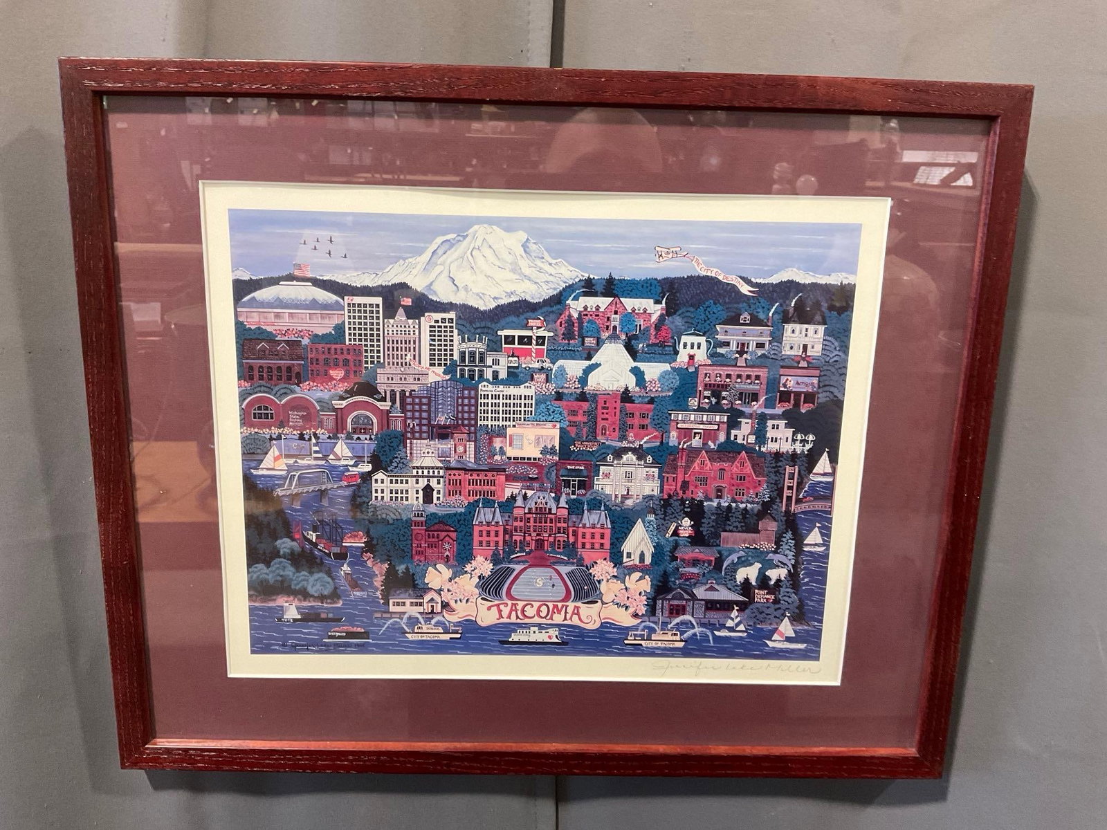 Framed Signed Print, Stylized View of Tacoma Washington, PNW Artist Jennifer Lake Miller, 19x23 in - 2