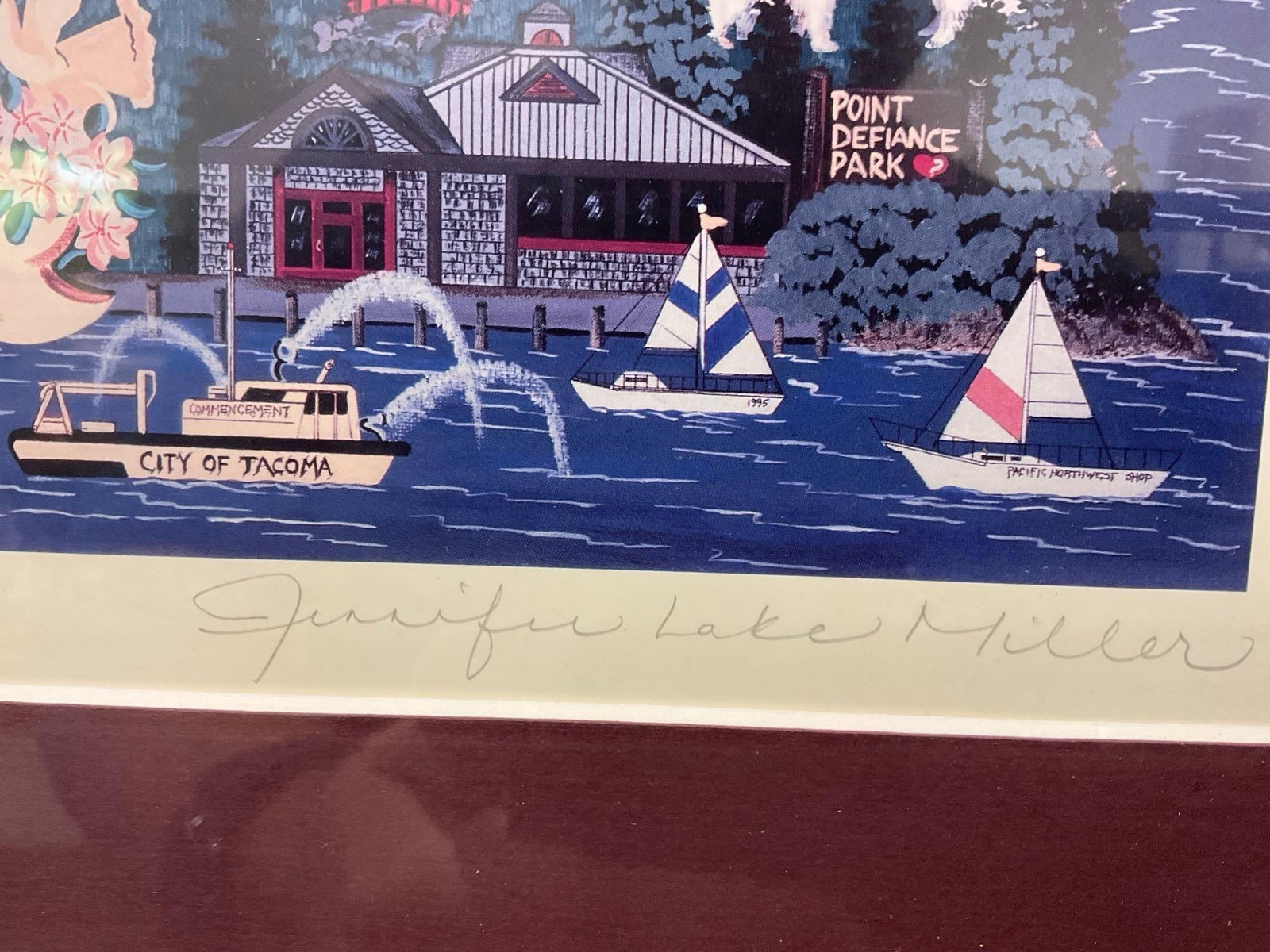 Framed Signed Print, Stylized View of Tacoma Washington, PNW Artist Jennifer Lake Miller, 19x23 in - 3