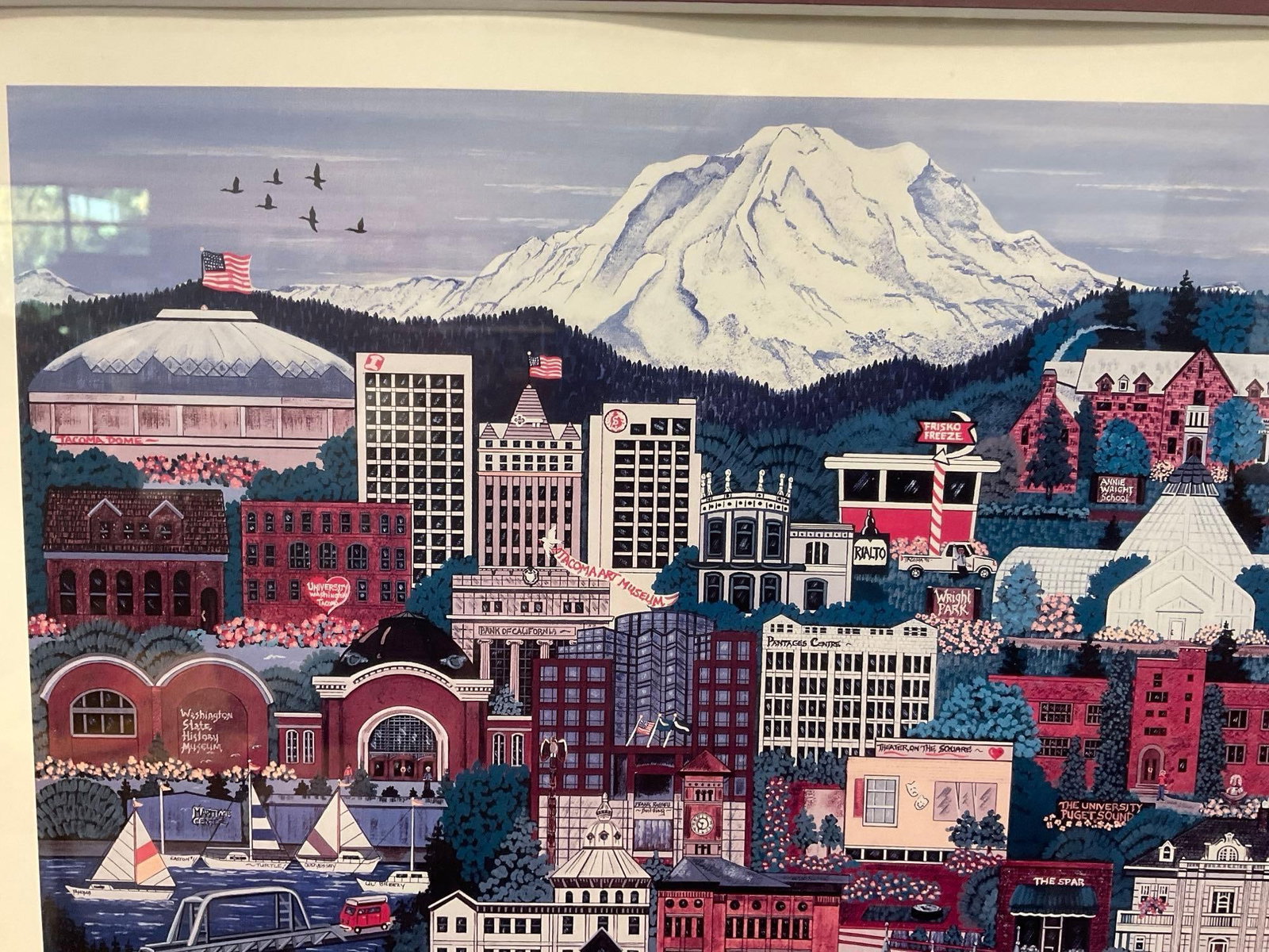 Framed Signed Print, Stylized View of Tacoma Washington, PNW Artist Jennifer Lake Miller, 19x23 in - 4