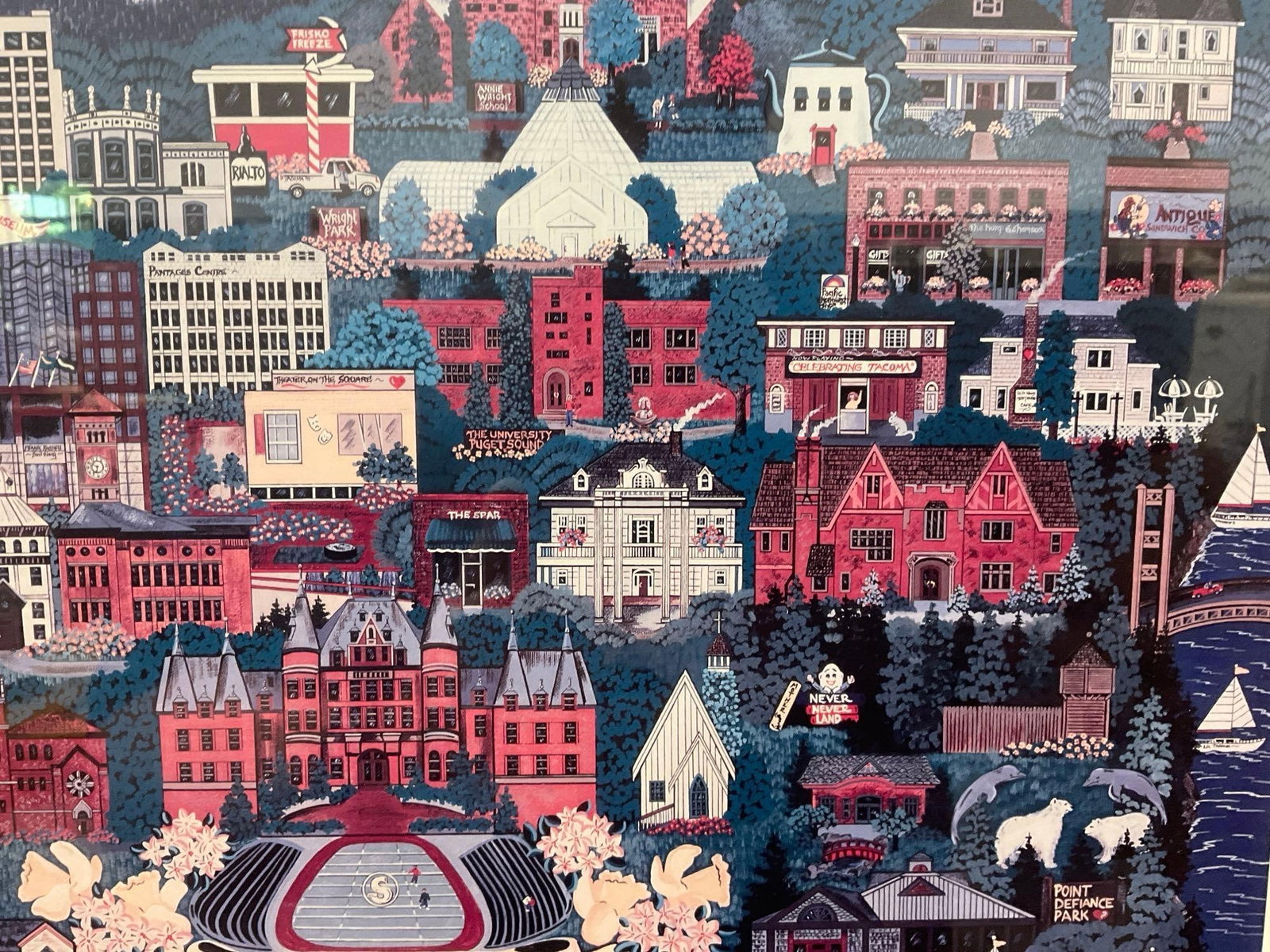 Framed Signed Print, Stylized View of Tacoma Washington, PNW Artist Jennifer Lake Miller, 19x23 in - 5