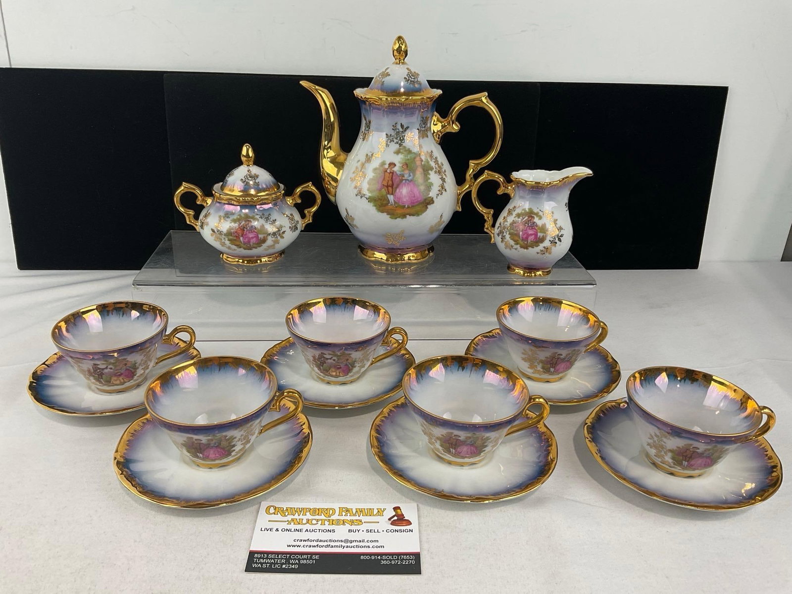 Vintage 22k Gilt & Cobalt Kunst-Palette Regnitzlosau K&T Demitasse Tea Set, 15 pieces: Includes: 6 cups, 6 saucers, sugar & creamer, teapot. One chip on one of the saucers. See pics for condition. Measures approx 8h x 10w x 8d inches. E-6700 *Oversized shipping may apply*