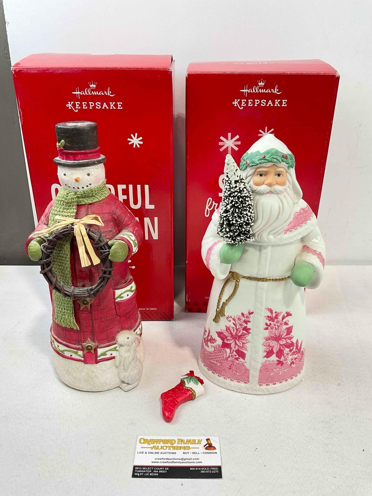 2 pcs Hallmark Keepsake Christmas Table Decorations, Porcelain Santa & Composite Snowman.: 2 pcs Hallmark Keepsake Christmas Table Decorations, Porcelain Santa & Composite Snowman. Both include original boxes. Minor wear indicative of age and use, some dust, see photos for condition.