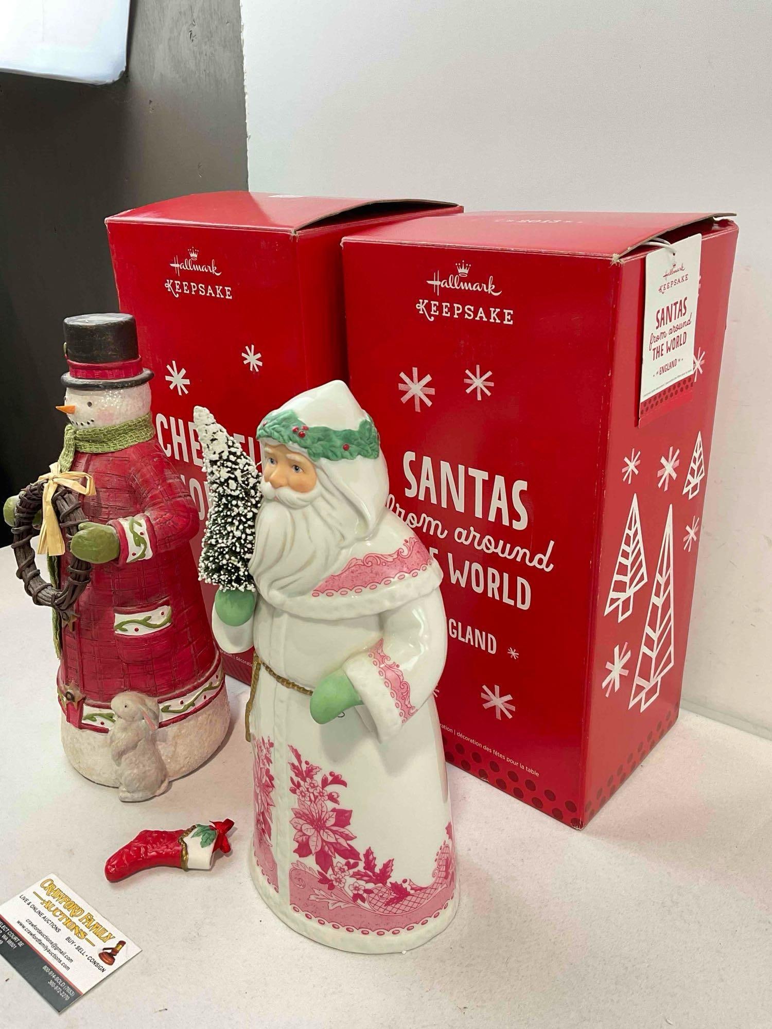 2 pcs Hallmark Keepsake Christmas Table Decorations, Porcelain Santa & Composite Snowman. - 2