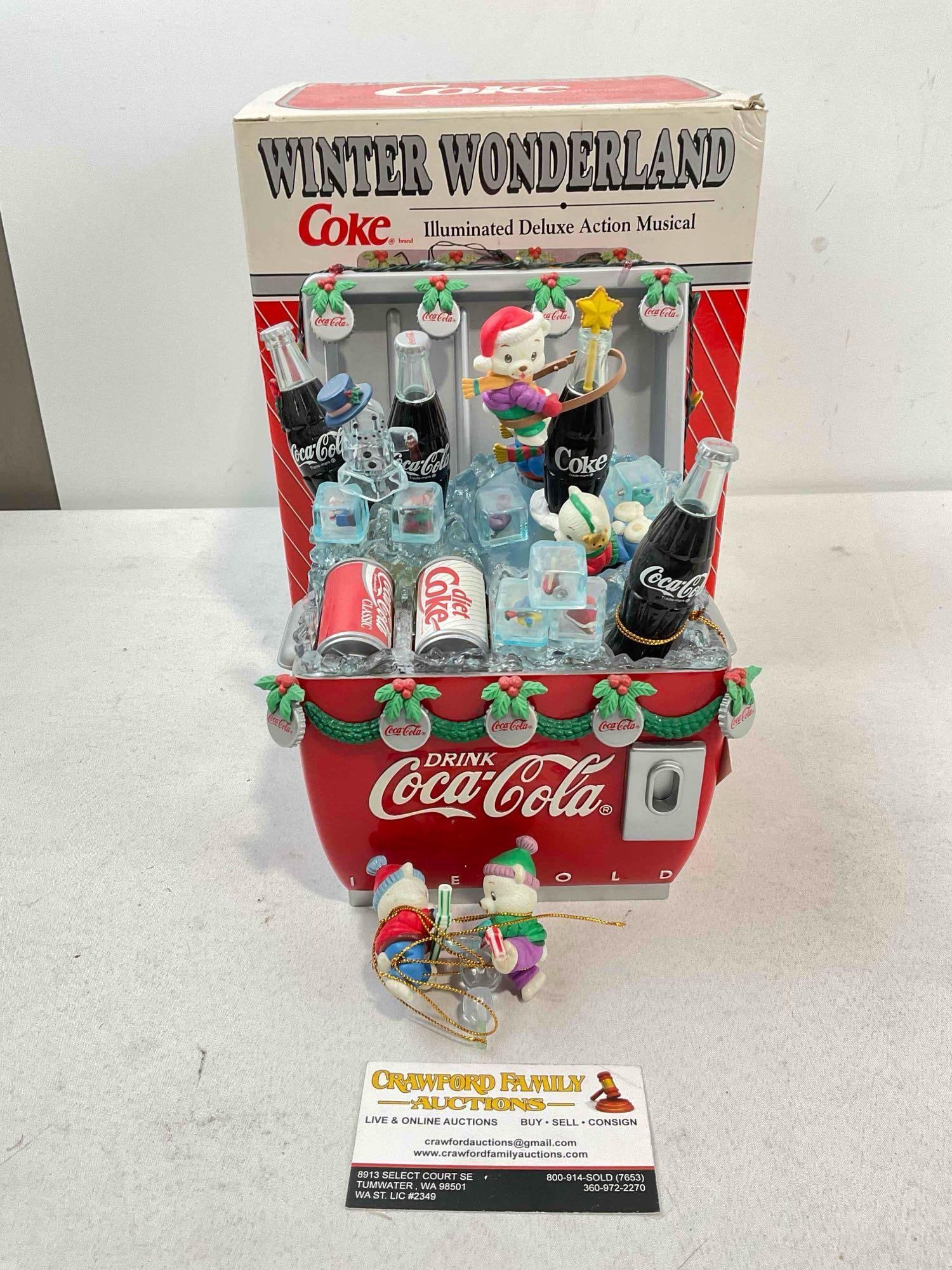 Vintage ENESCO Coca Cola Winter Wonderland Deluxe Illuminated Action Musical Decor.: Vintage ENESCO Coca Cola Winter Wonderland Deluxe Illuminated Action Musical Decor. A piece has come loose, could be fixed, lacks an AC adaptor, has dust and wear indicative of age and use, see