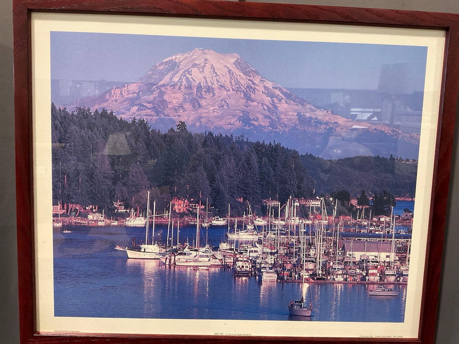 Framed Photo of Gig Harbor, Washington State Marina, w/Mount Rainier behind, 19x23 inches: See pics for condition. Measures approx 19h x 23w x 3d inches. E-6290