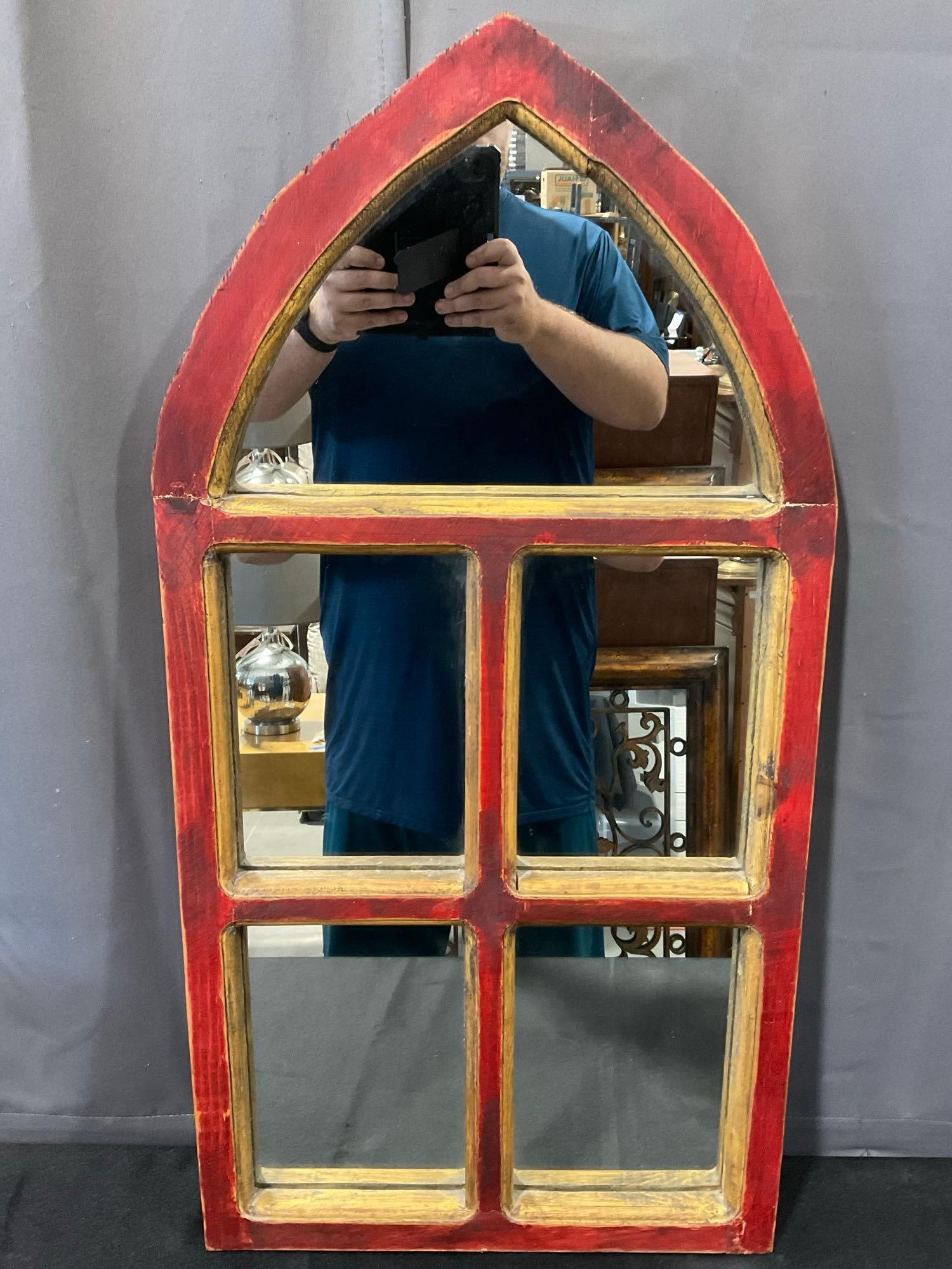 Red Arched Window Pane Wall Mirror, Cathedral style, Red/Gilt Paint, 37x19x4 inches: *No in-house shipping, fragile and/or oversized* See pics for condition. Measures approx 37h x 19w x 4d inches. E-6290 *Freight Required if shipped, Buyer Arranged/Responsibility*