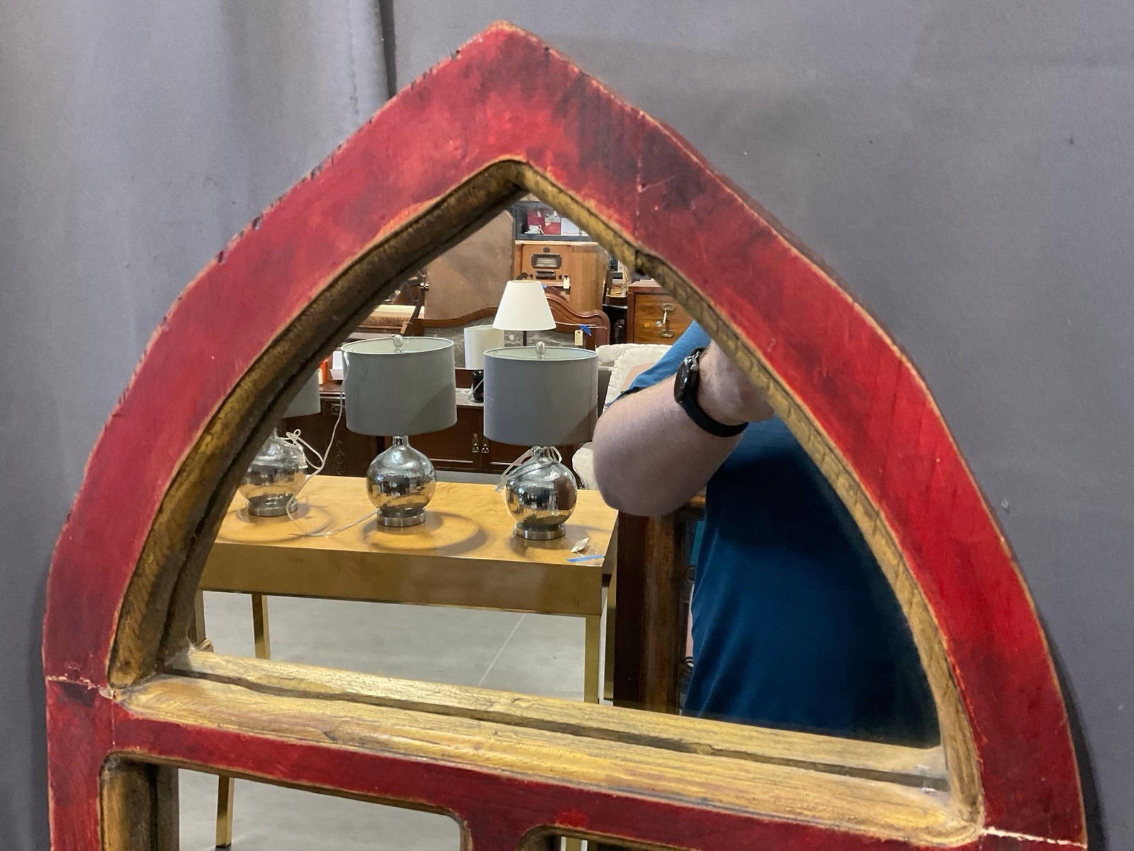 Red Arched Window Pane Wall Mirror, Cathedral style, Red/Gilt Paint, 37x19x4 inches - 2