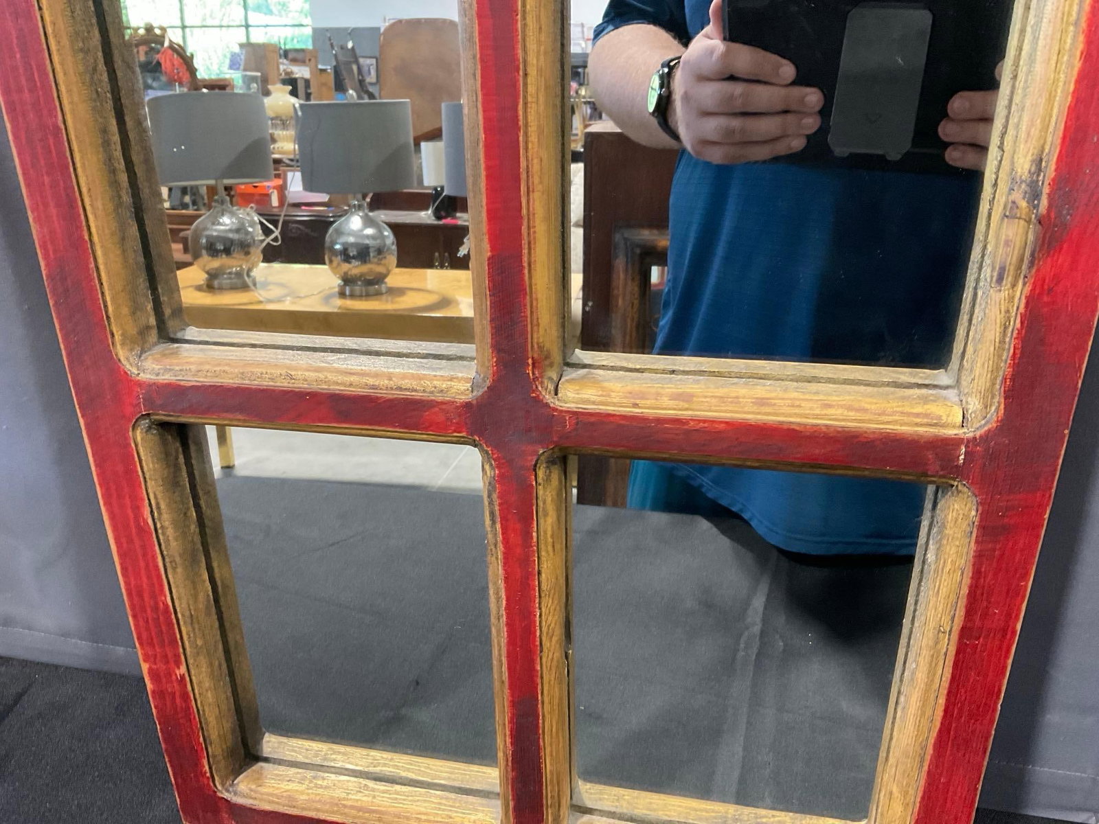 Red Arched Window Pane Wall Mirror, Cathedral style, Red/Gilt Paint, 37x19x4 inches - 3