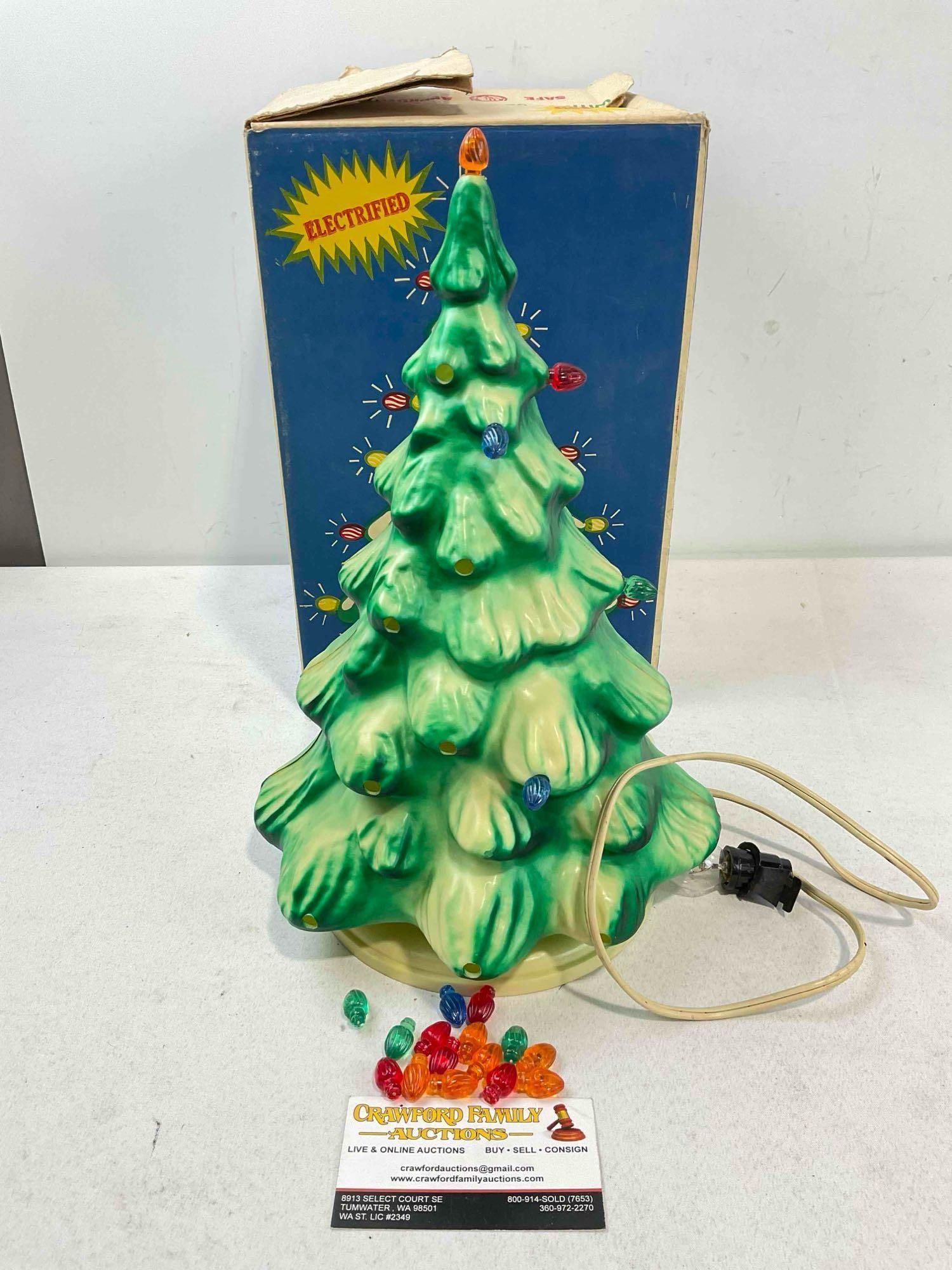 Vintage Union Products Electrified Composite Blow Mold Christmas Tree Decor w/ Light.: Vintage Union Products Electrified Composite Blow Mold Christmas Tree Decor w/ Light. May be missing some parts, unsure, light has been tested and works, has minor wear and grime indicative of age