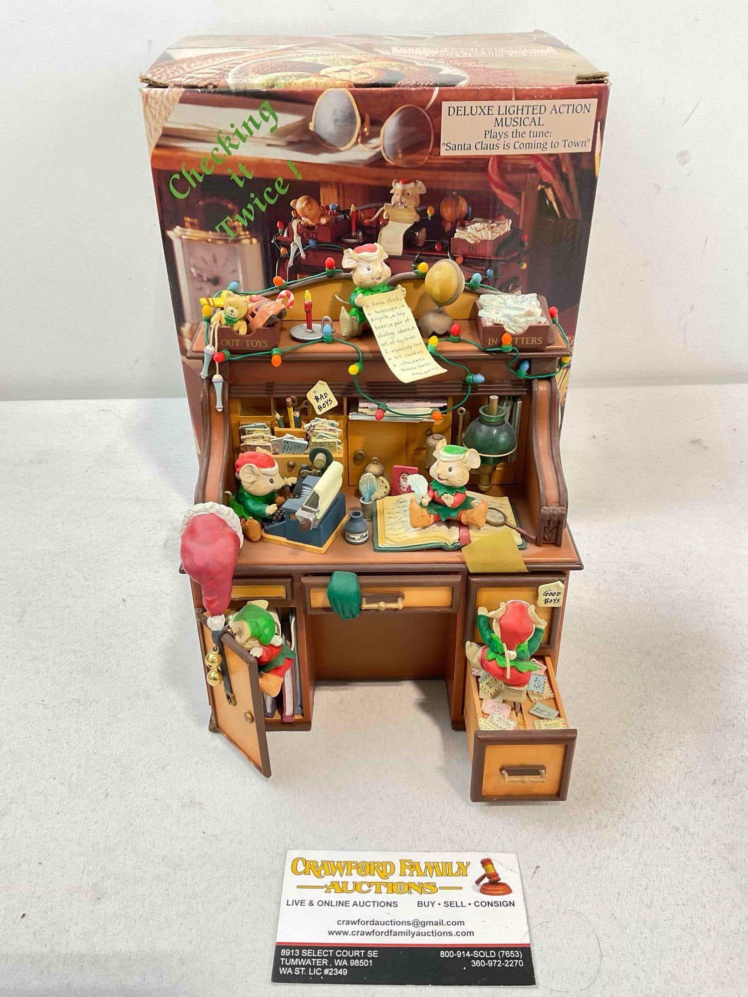 Vintage ENESCO Deluxe Lighted Action Musical "Santa Claus is Coming to Town" Decor.: Vintage ENESCO Deluxe Lighted Action Musical "Santa Claus is Coming to Town" Decor. Originally retailed for $250. Minor wear and dust indicative of age and use, lacks AC adaptor, see photos for