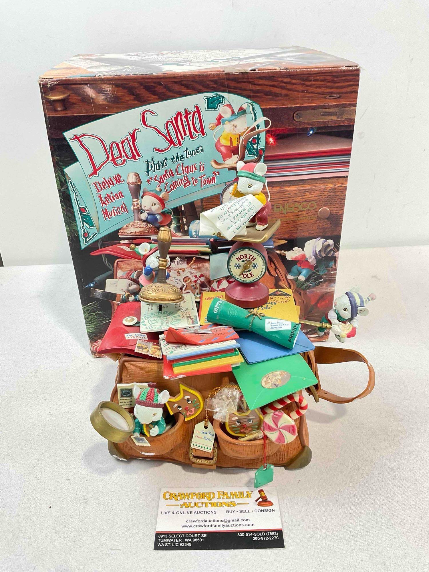 Vintage ENESCO Dear Santa Deluxe Action Musical Christmas Decor in Original Box. See pics.: Vintage ENESCO Dear Santa Deluxe Action Musical Christmas Decor in Original Box. Minor wear and dust indicative of age and use, some residue from packaging, lacks an AC adaptor, see photos for