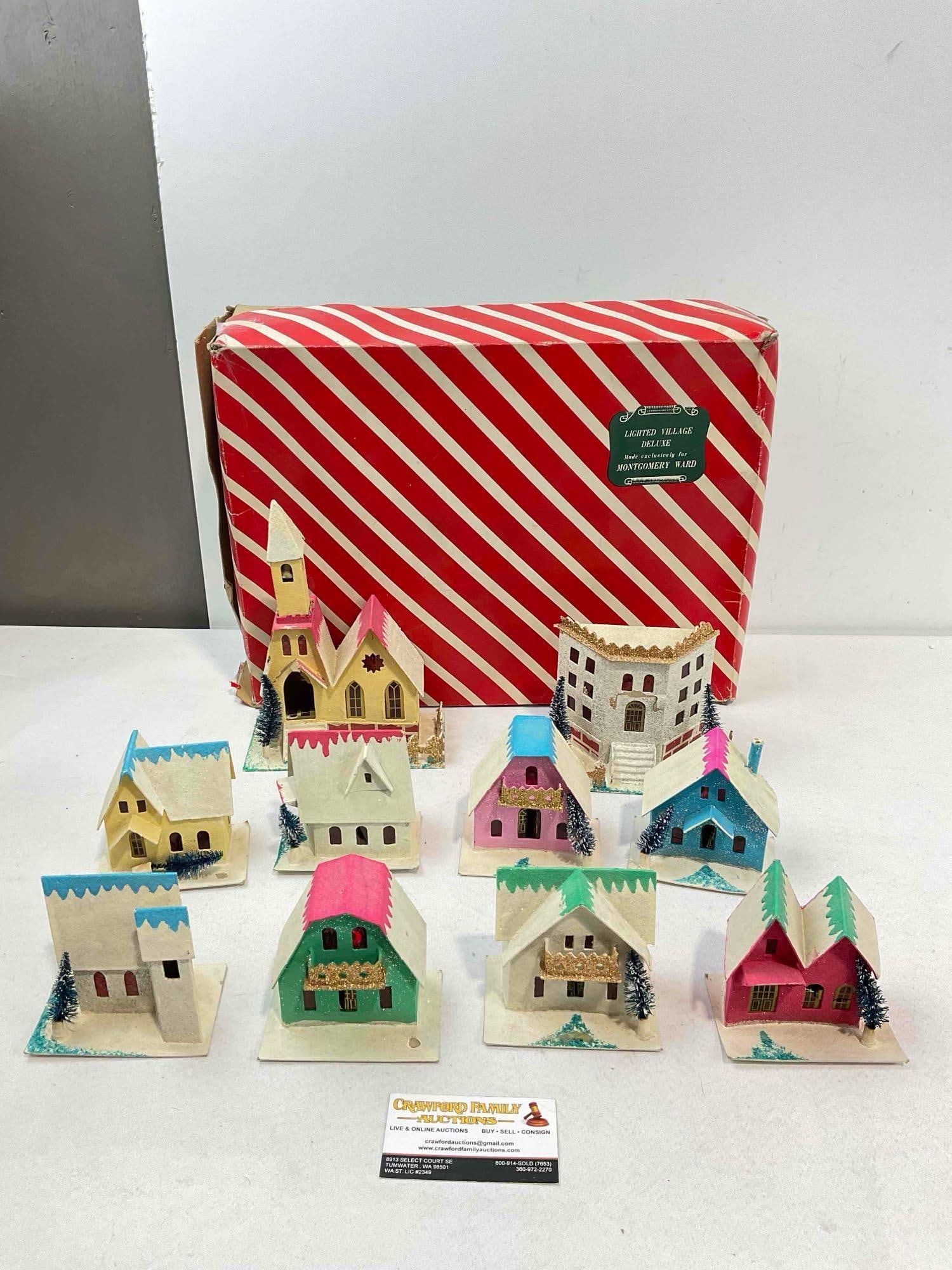 10 pcs Vintage Montgomery Ward Japanese Cardboard Lighted Christmas Village Putz Houses.: 10 pcs Vintage Montgomery Ward Japanese Cardboard Lighted Christmas Village Putz Houses. Has lost some pieces, some pieces are loose, have a fine coat of dust and grime, need some TLC, see photos for