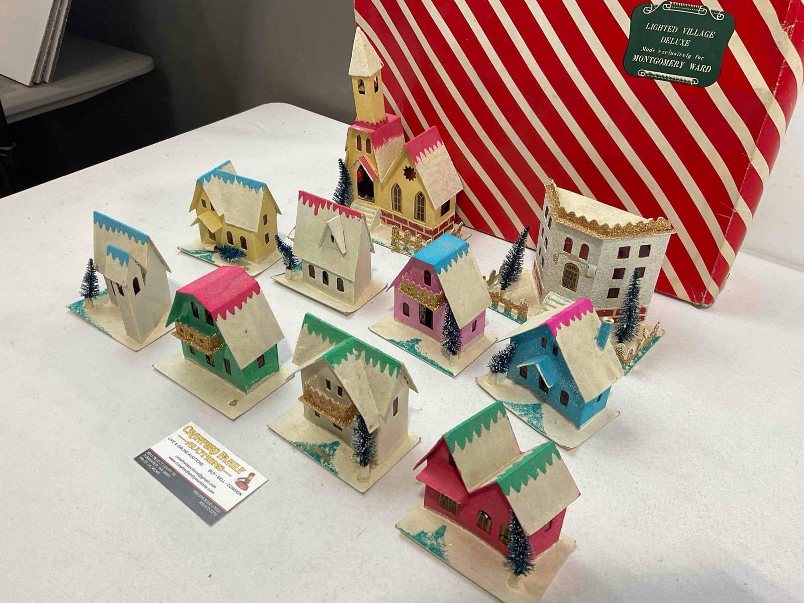 10 pcs Vintage Montgomery Ward Japanese Cardboard Lighted Christmas Village Putz Houses. - 2