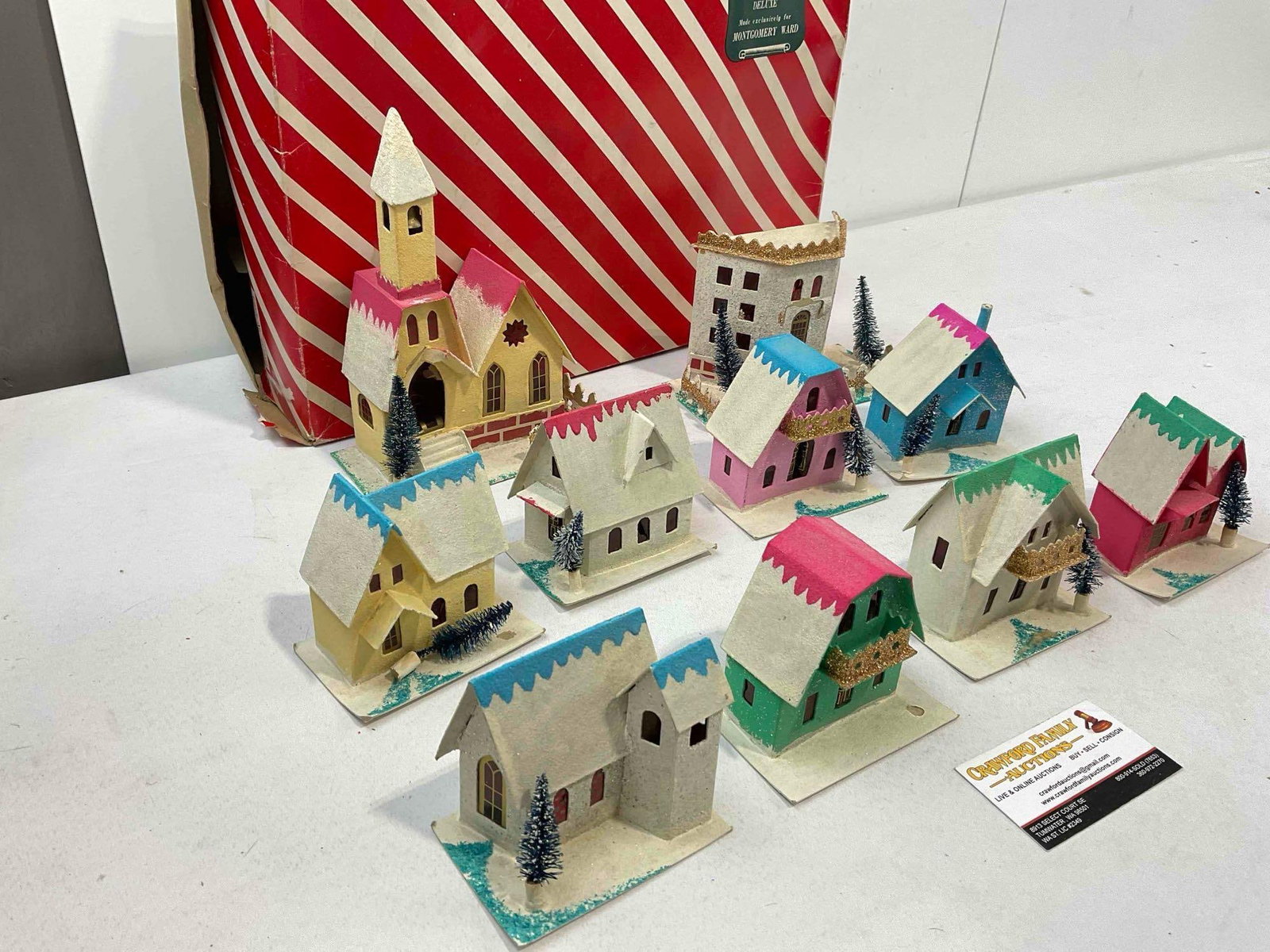 10 pcs Vintage Montgomery Ward Japanese Cardboard Lighted Christmas Village Putz Houses. - 3