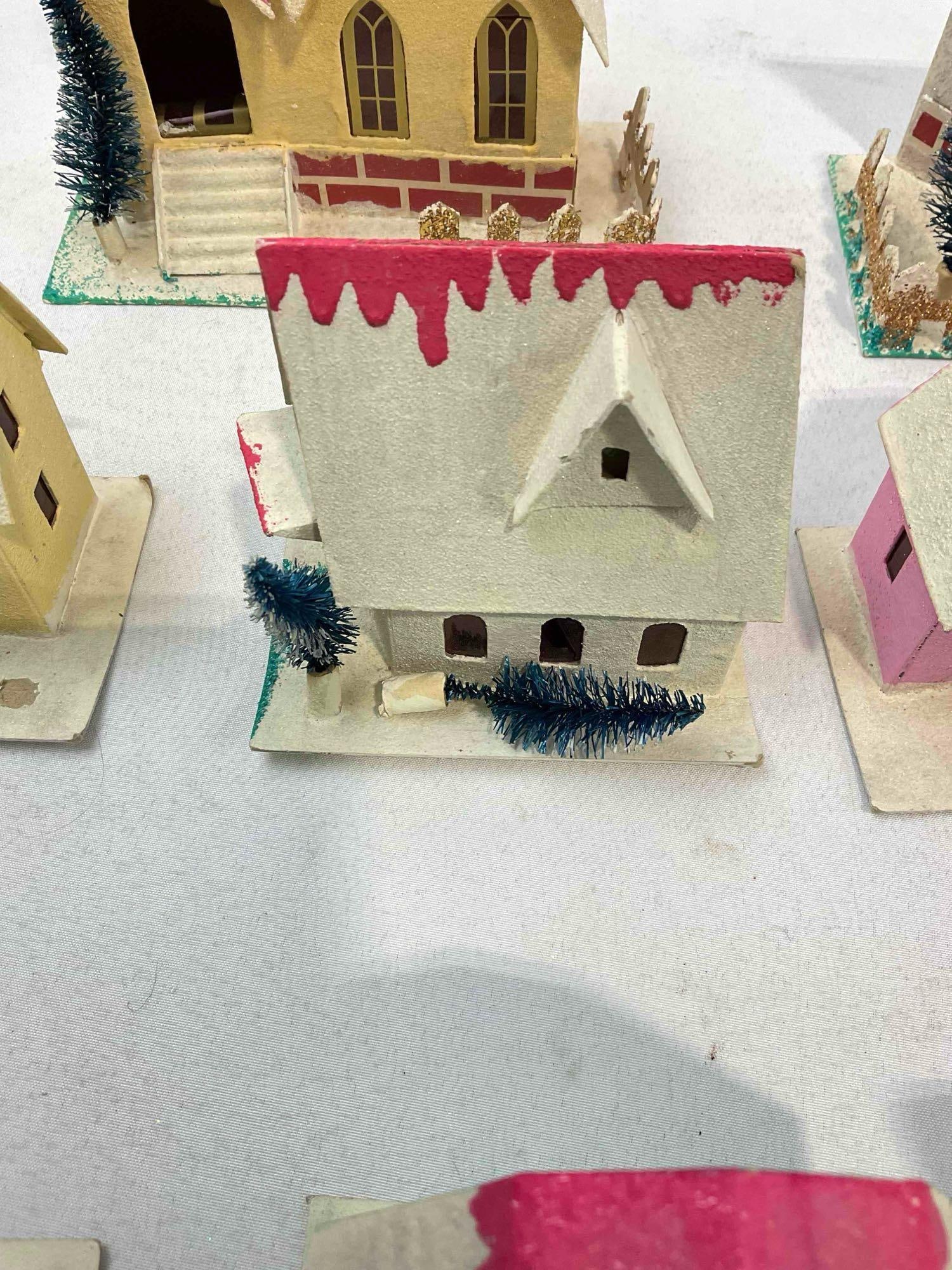 10 pcs Vintage Montgomery Ward Japanese Cardboard Lighted Christmas Village Putz Houses. - 6