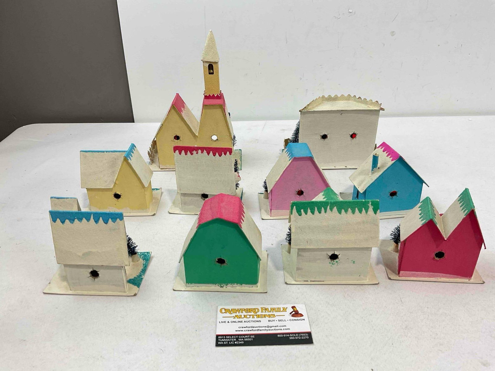 10 pcs Vintage Montgomery Ward Japanese Cardboard Lighted Christmas Village Putz Houses. - 7
