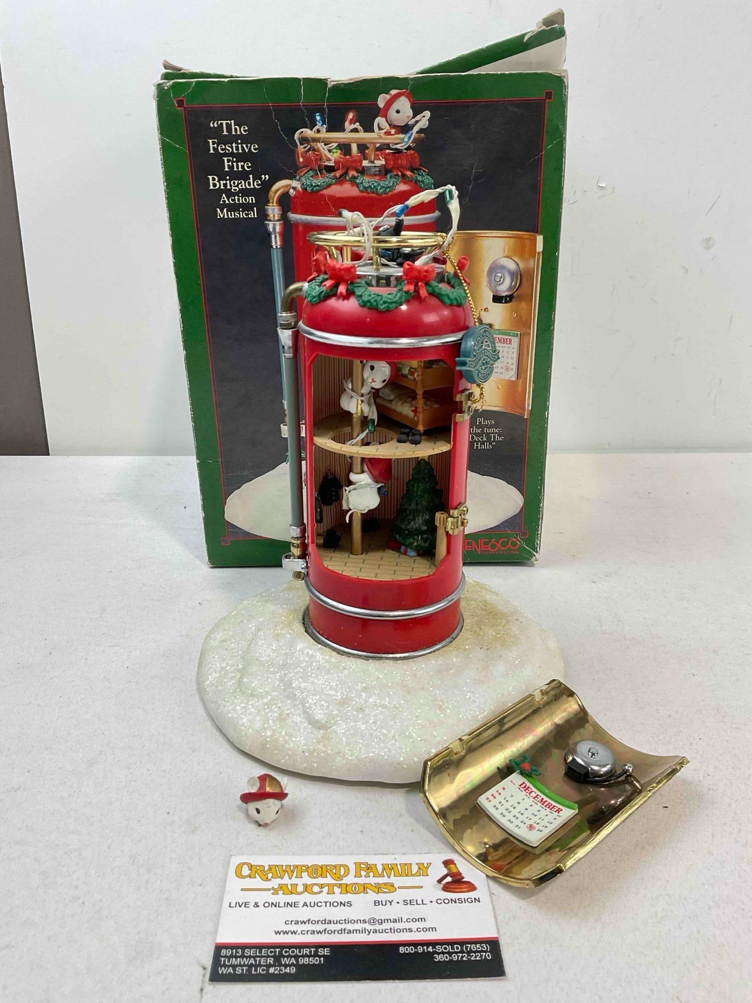 Vintage ENESCO Small World of Music The Festive Fire Brigade Action Musical Decor. See pics.: Vintage ENESCO Small World of Music The Festive Fire Brigade Action Musical Decor. Has lost some pieces, included, could be fixed, has wear and dust indicative of age and use, see photos for
