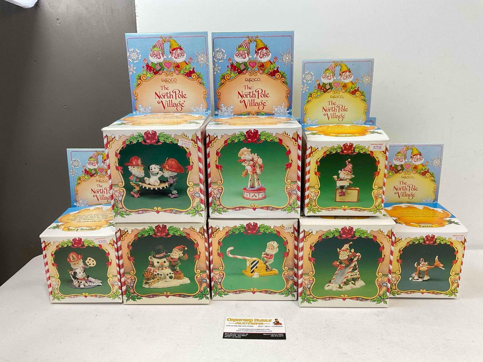 8 pcs Vintage ENESCO Composite The North Pole Village Decorative Christmas Figurines. w/ boxes: 8 pcs Vintage ENESCO Composite The North Pole Village Decorative Christmas Figurines. Minor wear indicative of age and use, see photos for condition. Fits in a box measuring 12" x 12" x 12" DM-6670