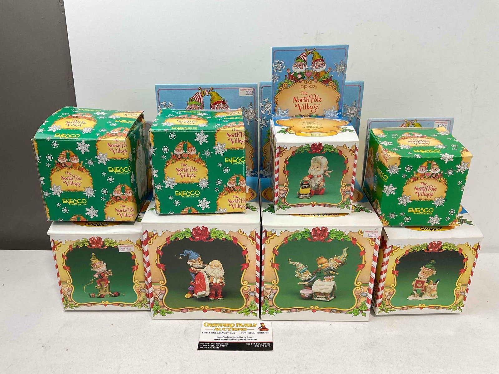8 pcs Vintage ENESCO The North Pole Village Composite Christmas Decorative Figurines.w/ boxes: 8 pcs Vintage ENESCO The North Pole Village Composite Christmas Decorative Figurines. Pieces may have wear and dust indicative of age and use, see photos for condition. Fits in a box measuring 12" x