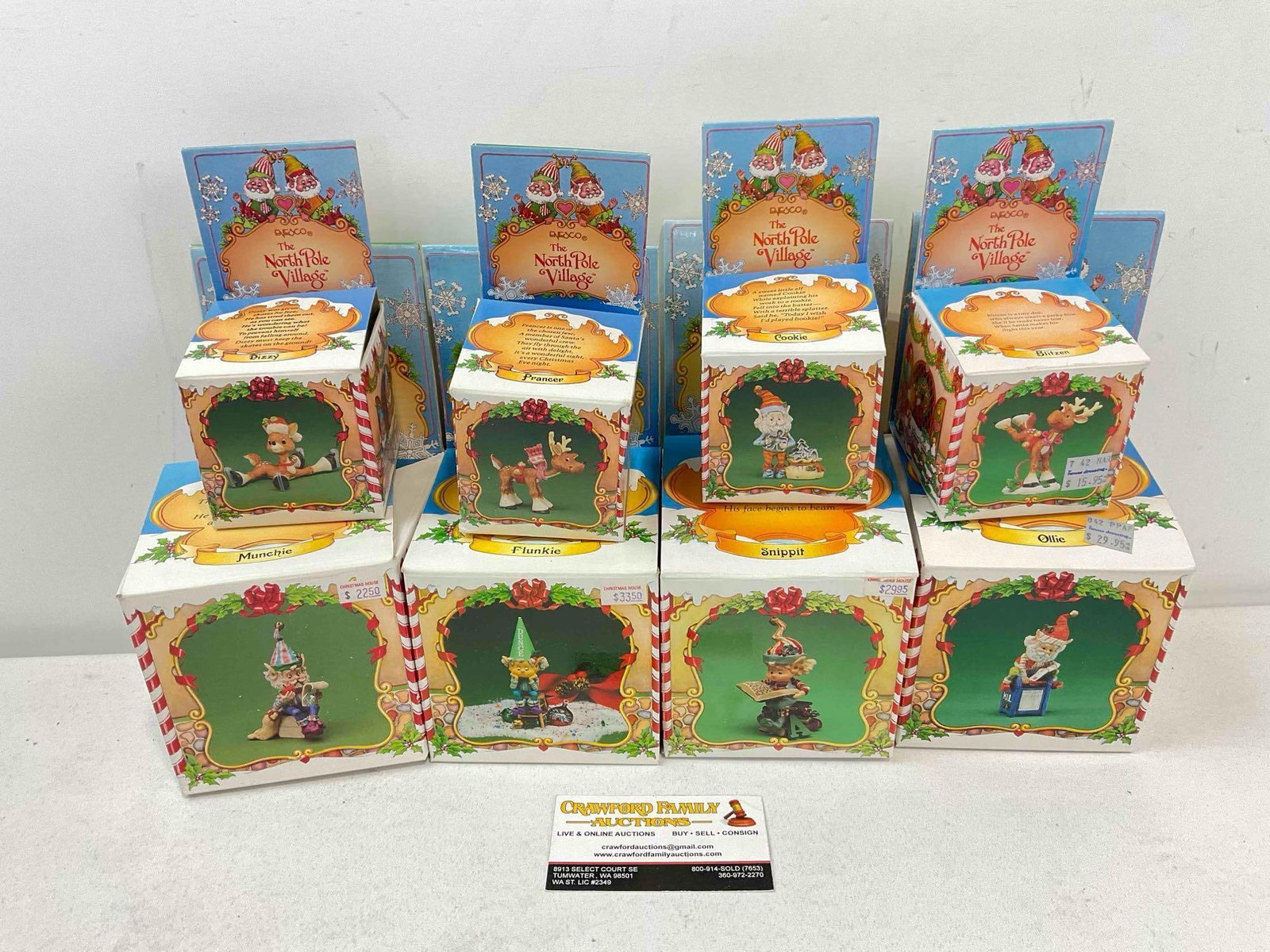 8 pcs Vintage ENESCO Composite The North Pole Village Christmas Decorative Figurines. w. boxes: 8 pcs Vintage ENESCO Composite The North Pole Village Christmas Decorative Figurines. Pieces may have wear indicative of age and use, some boxes are a little tired, see photos for