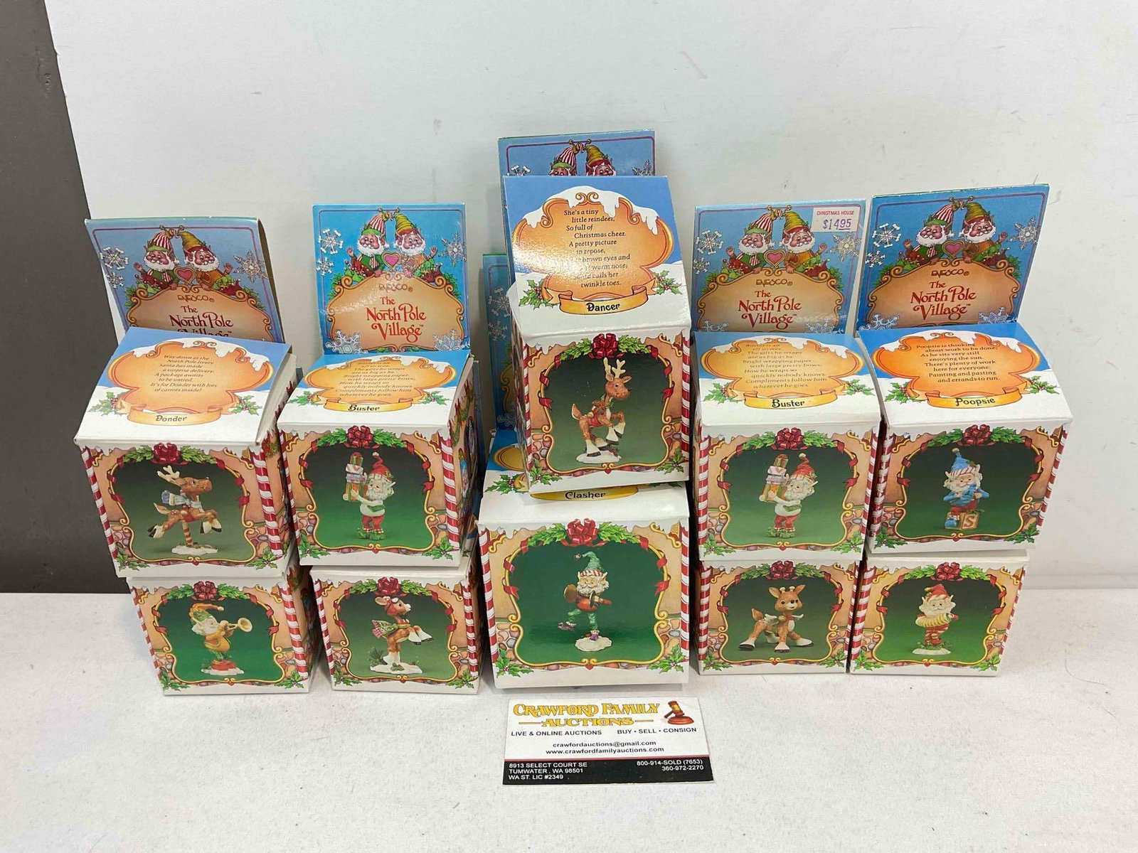 10 pcs Vintage ENESCO Composite The North Pole Village Christmas Decorative Figurines.w/ boxes: 10 pcs Vintage ENESCO Composite The North Pole Village Christmas Decorative Figurines. Minor wear indicative of age and use, boxes are a little tired, see photos for condition. Fits in a box