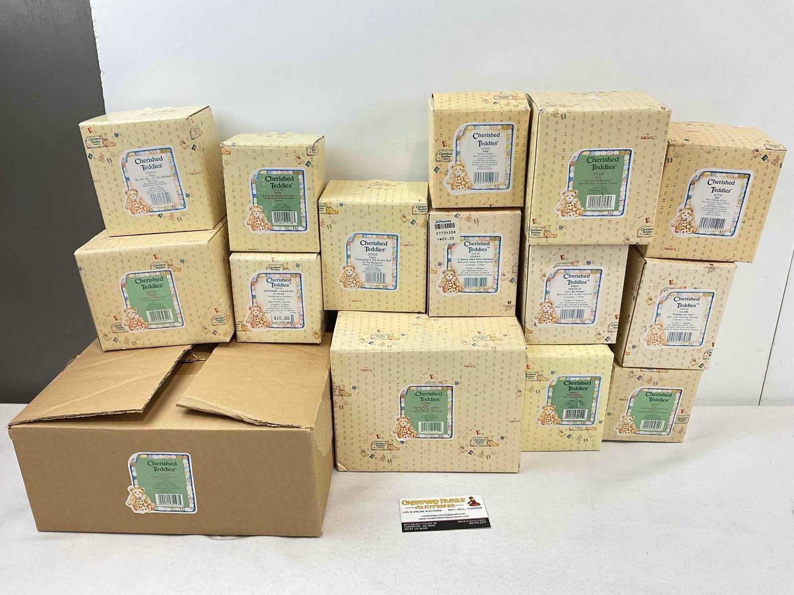 15 pcs Vintage ENESCO Cherished Teddies Composite Decorative Teddy Bear Figurines.w/ boxes: 15 pcs Vintage ENESCO Cherished Teddies Composite Decorative Teddy Bear Figurines. Minor wear indicative of age and use, see photos for condition. Fits in box measuring 14" x 17" x 13" DM-6670