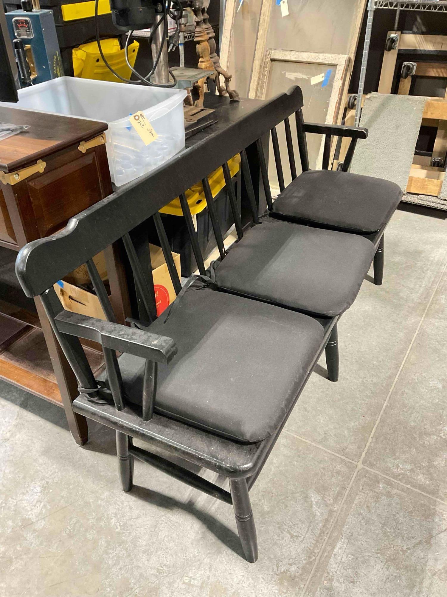 Modern Black Painted Wooden 3-Seat Garden Bench w/ Black Cushions. See pics. - 2