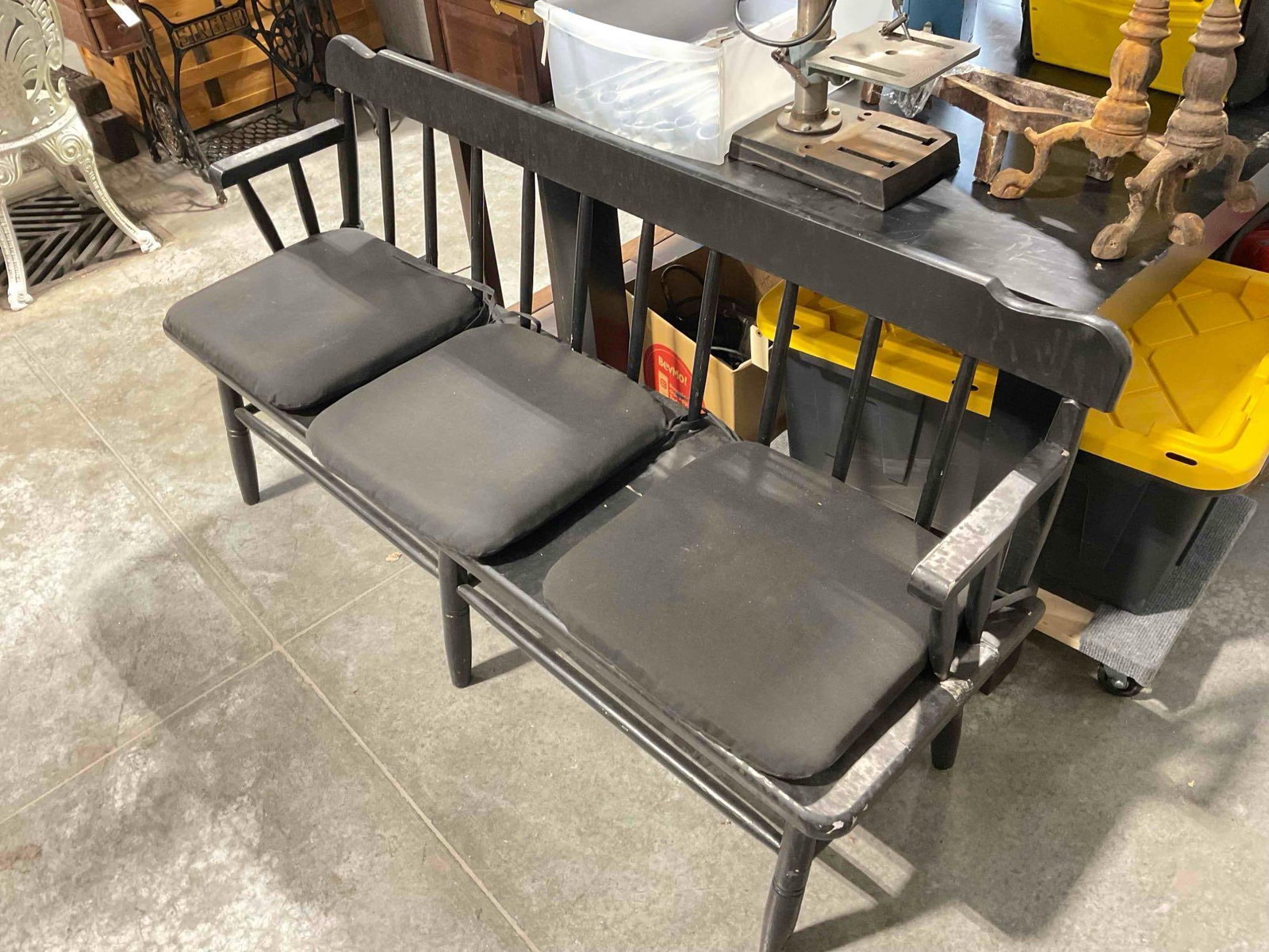 Modern Black Painted Wooden 3-Seat Garden Bench w/ Black Cushions. See pics. - 3
