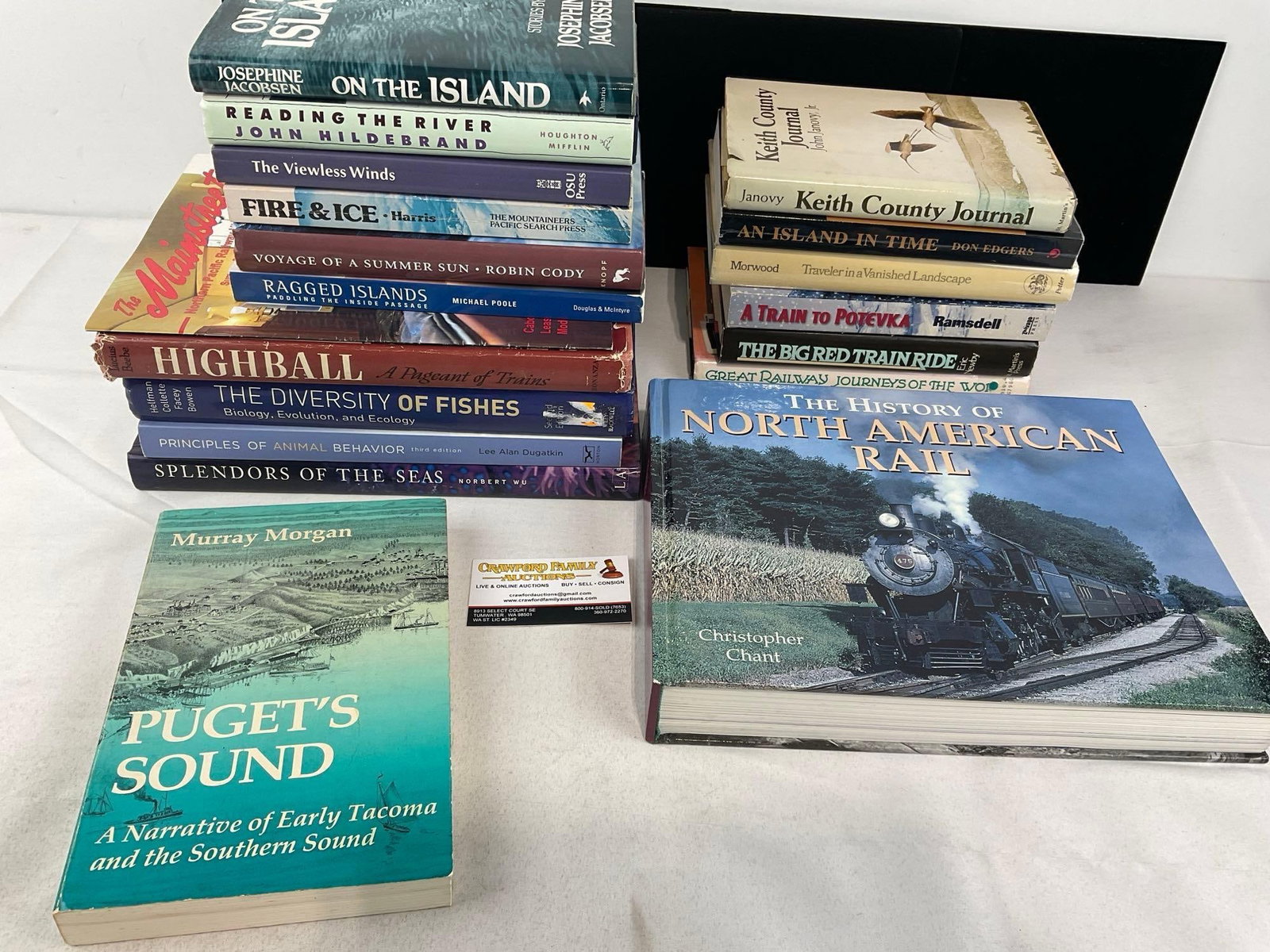 18 Books, couple Coffee Table size, Novels by Harris, Jacobsen, Ramsdell, Janovy & more: See pics for condition. Measures approx 13h x 14w x 14d inches. E-1554