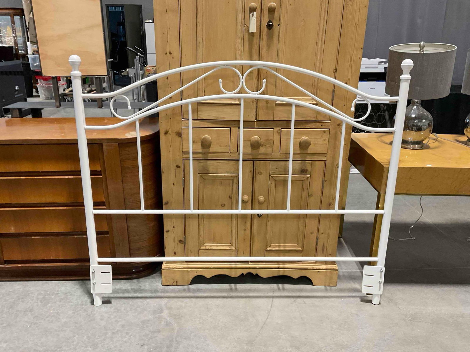 Modern Antique Style White Painted Metal Headboard. See pics.: Modern Antique Style White Painted Metal Headboard. minor scuffs and stains indicative of age and use, see photos for condition. Measures 60" x 4" x 50" DM-6290
