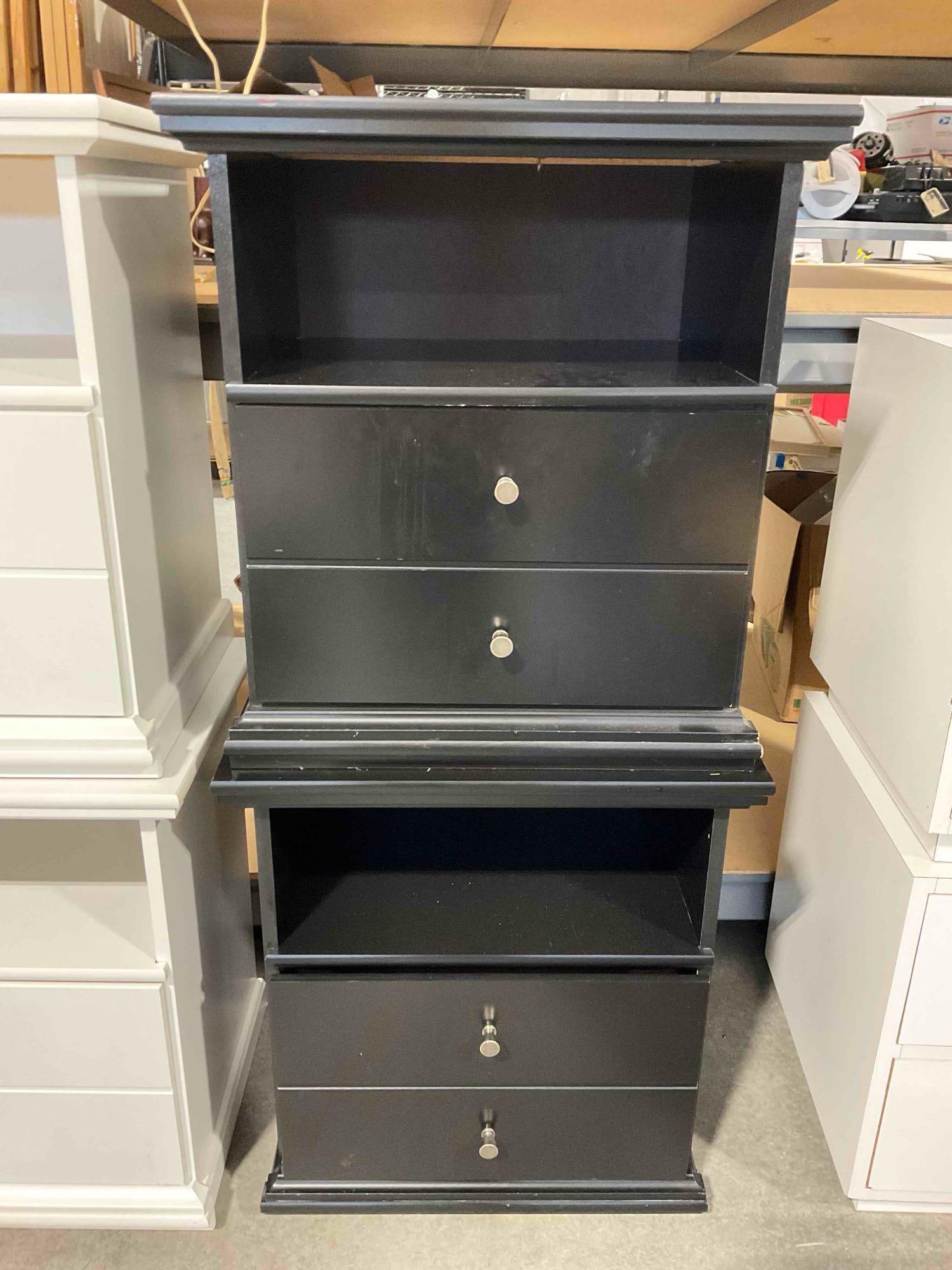 Pair of Ashley Signature Design Black Painted Wooden Nightstands End Tables w/ Drawer.: Pair of Ashley Signature Design Black Painted Wooden Nightstands End Tables w/ Drawer. Pieces have wear indicative of age and use, have some gashes and areas colored in with marker, see photos for
