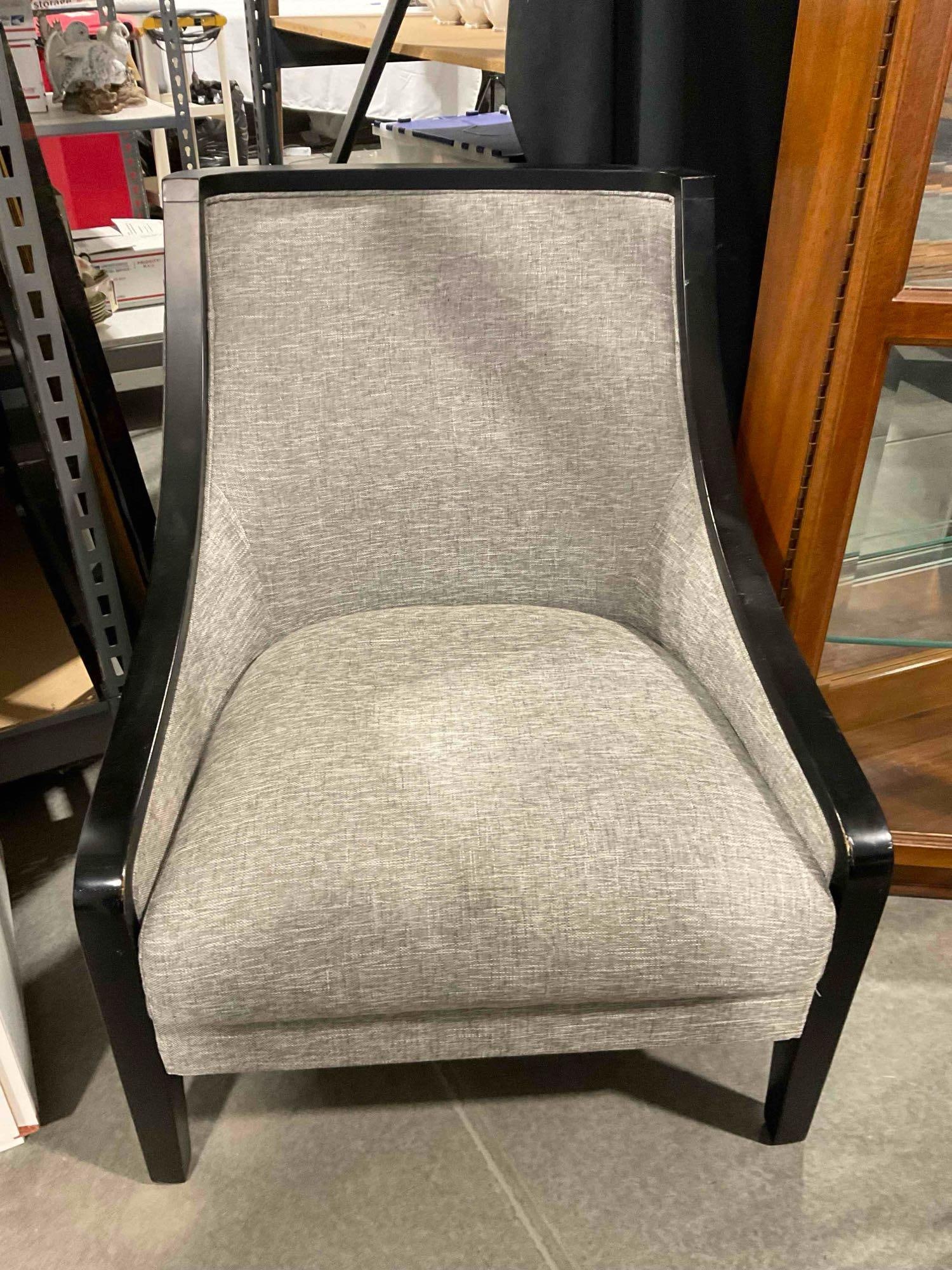 Modern Black Painted Wooden Accent Chair w/ Heathered Gray Fabric Upholstery. See pics.: Modern Black Painted Wooden Accent Chair w/ Heathered Gray Fabric Upholstery. Minor scrapes and dents to frame, see photos for condition. Measures 28" x 30" x 34" DM-6290