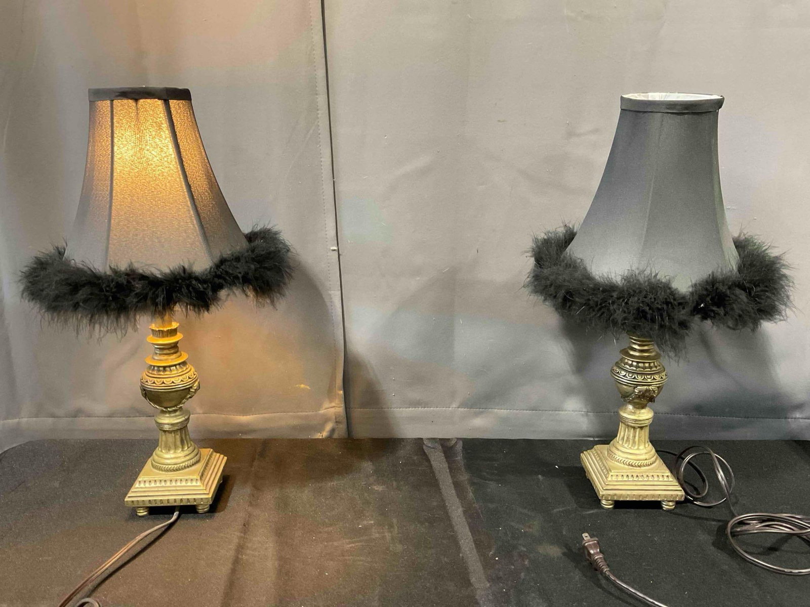 Pair of Modern Gold Painted Composite Table Lamps w/ Feathered Black Shades. Tested, Work. (1 of 7)