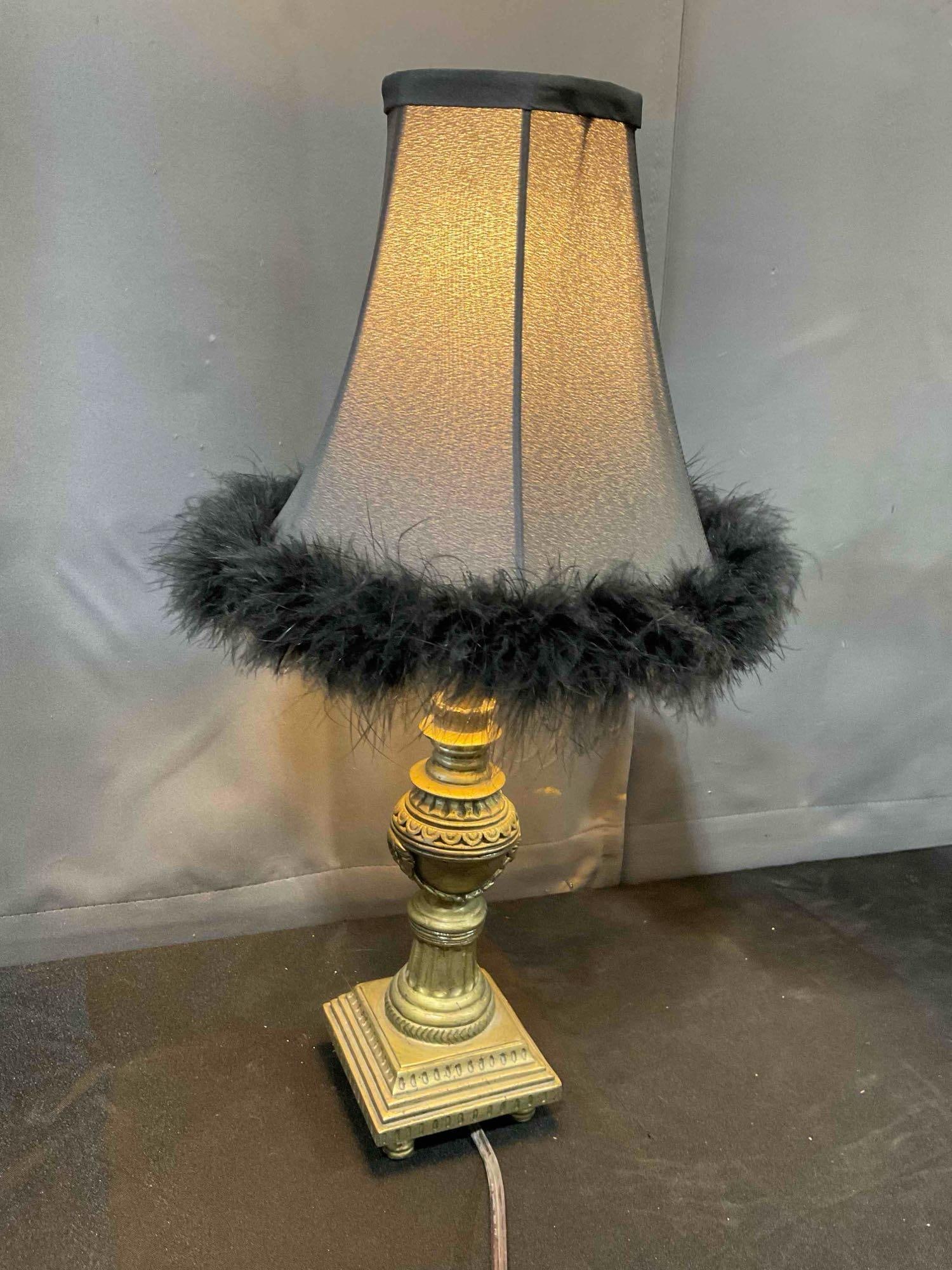 Pair of Modern Gold Painted Composite Table Lamps w/ Feathered Black Shades. Tested, Work. - 2