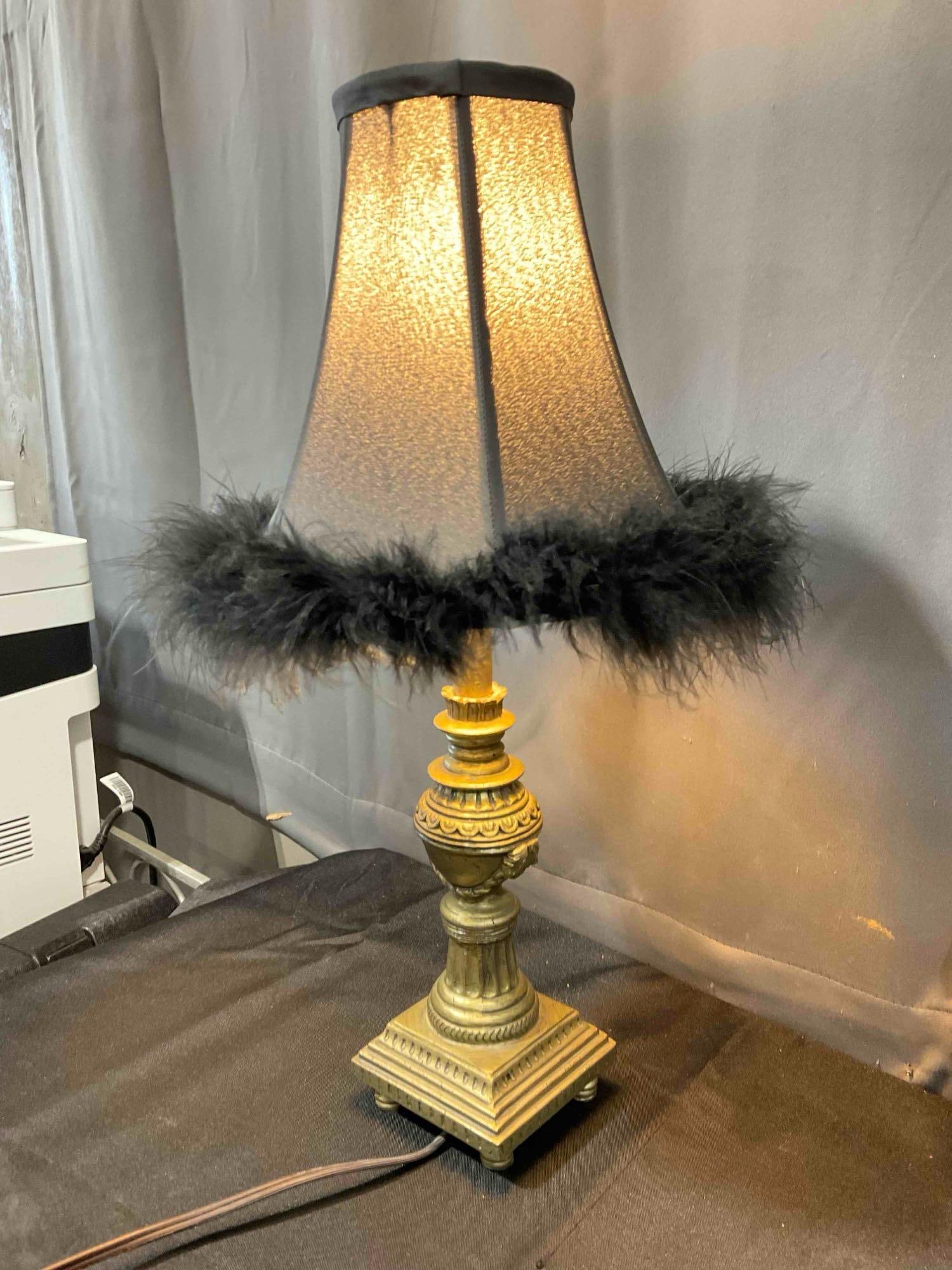 Pair of Modern Gold Painted Composite Table Lamps w/ Feathered Black Shades. Tested, Work. - 3