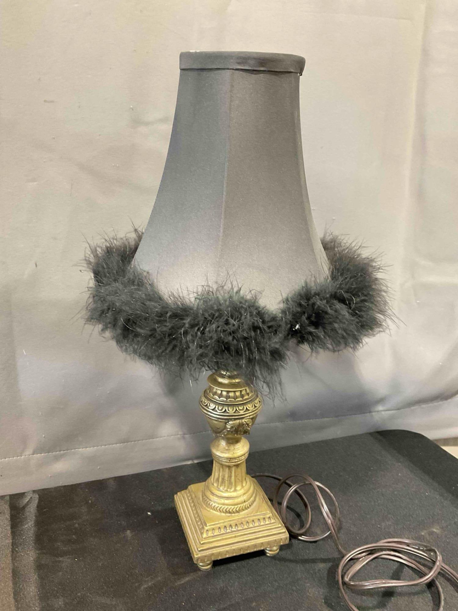 Pair of Modern Gold Painted Composite Table Lamps w/ Feathered Black Shades. Tested, Work. - 4