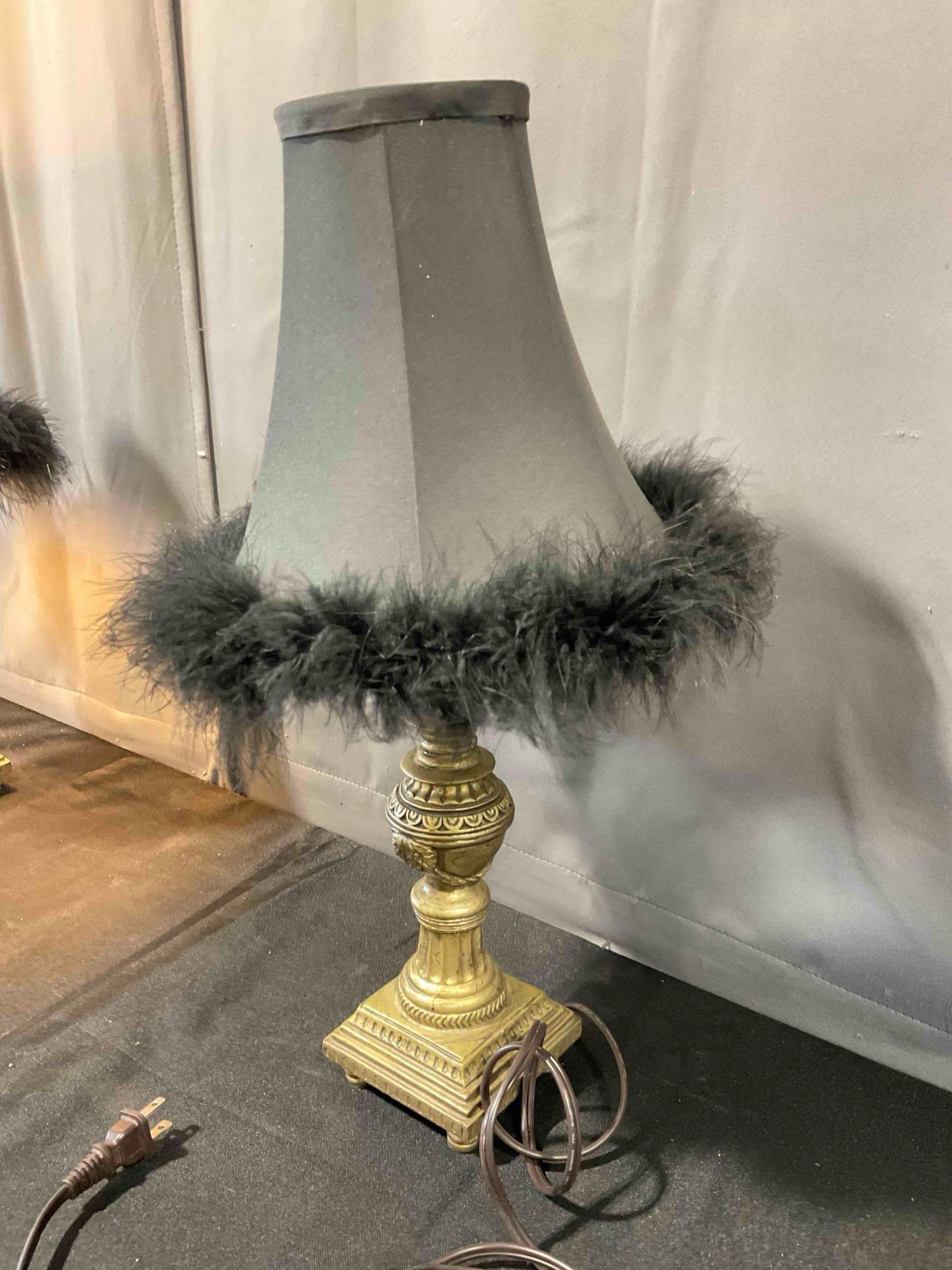 Pair of Modern Gold Painted Composite Table Lamps w/ Feathered Black Shades. Tested, Work. - 5
