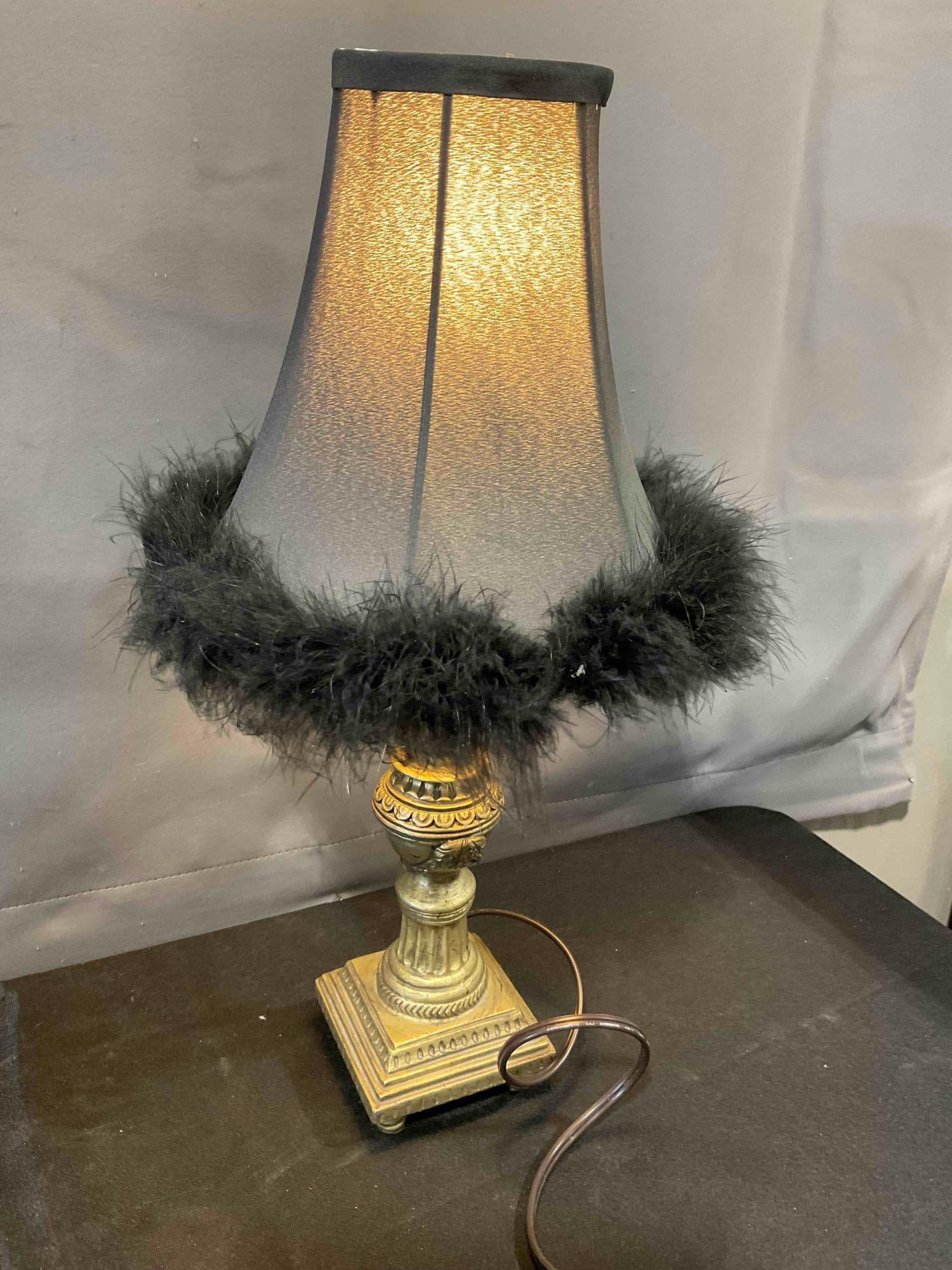 Pair of Modern Gold Painted Composite Table Lamps w/ Feathered Black Shades. Tested, Work. - 6