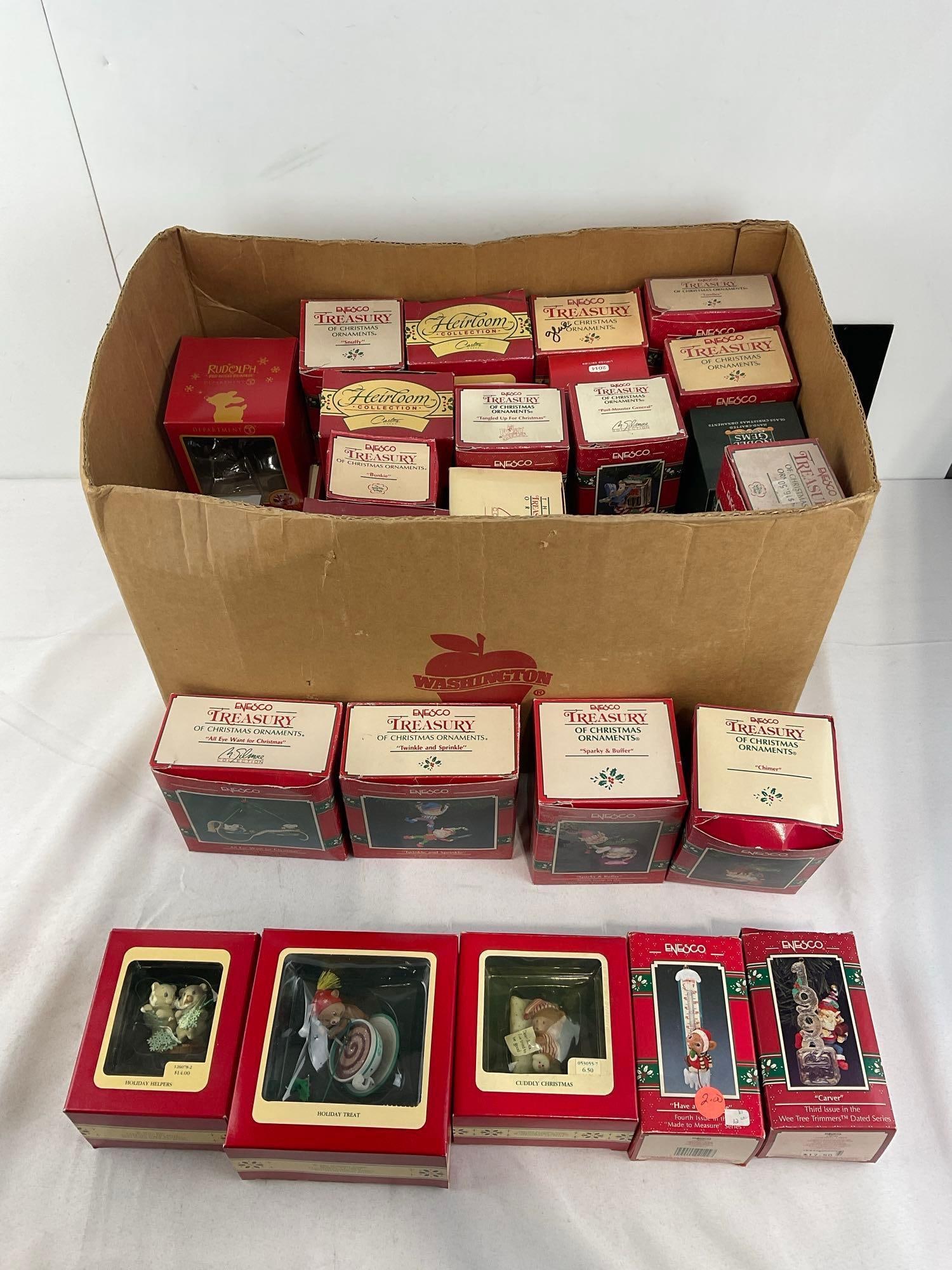 20+ Enesco Christmas Ornaments in box, Elves, Santa, Cuddly Bears & more: See pics for condition. Measures approx 15h x 21w x 23d inches. E-6670