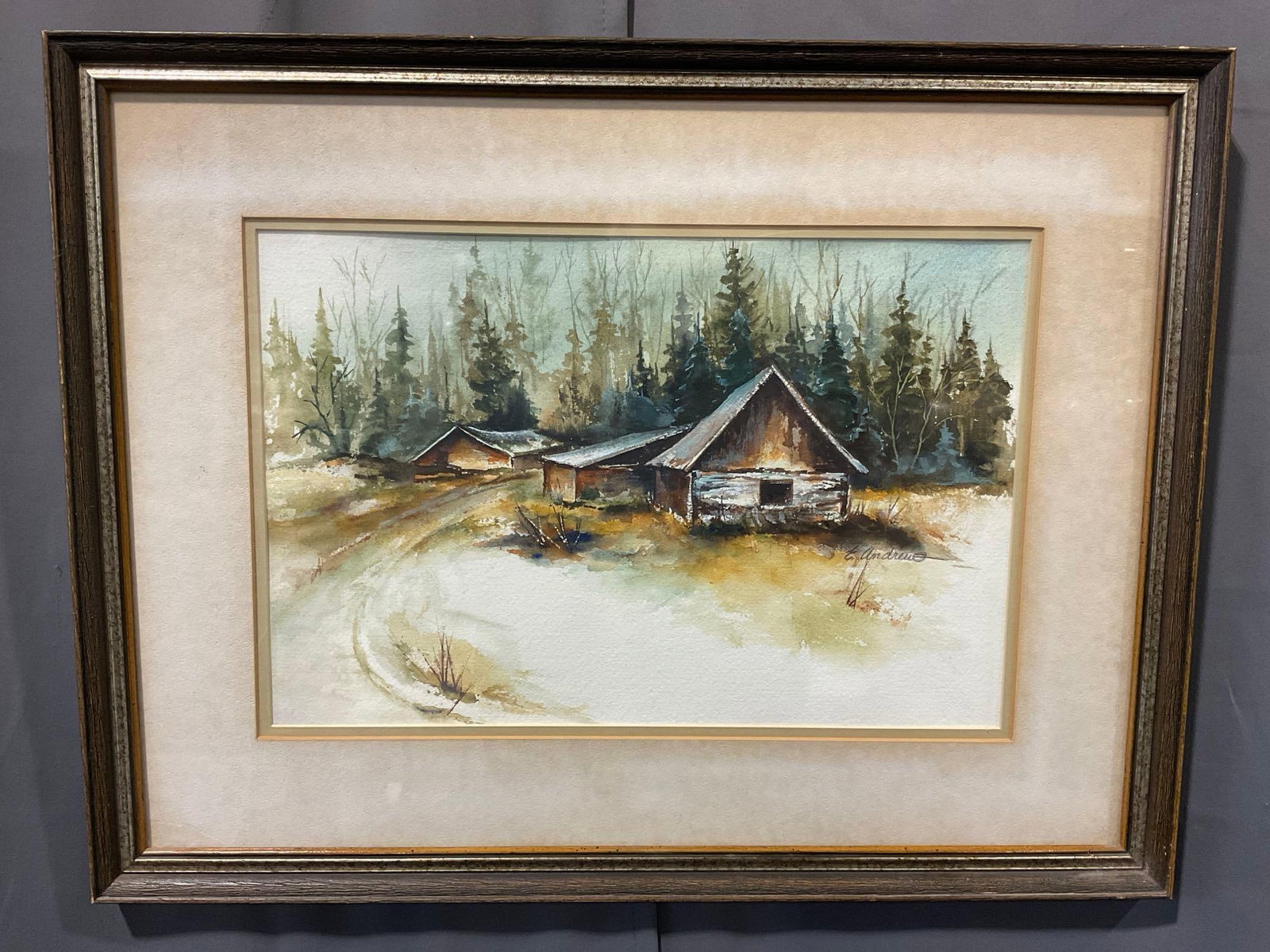 Framed Signed Original Watercolor of a Barn Scene by E. Andrews, 21x27 inches: See pics for condition. Measures approx 21h x 27w x 3d inches. E-6620