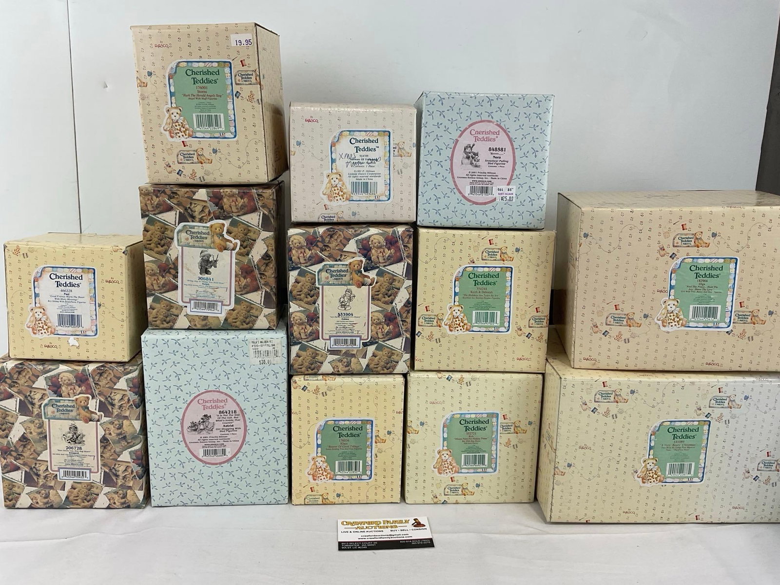12 Enesco Cherished Teddies Figurines, in box: Unchecked for wear. See pics for condition. Measures approx 14h x 22w x 16d inches. E-6670