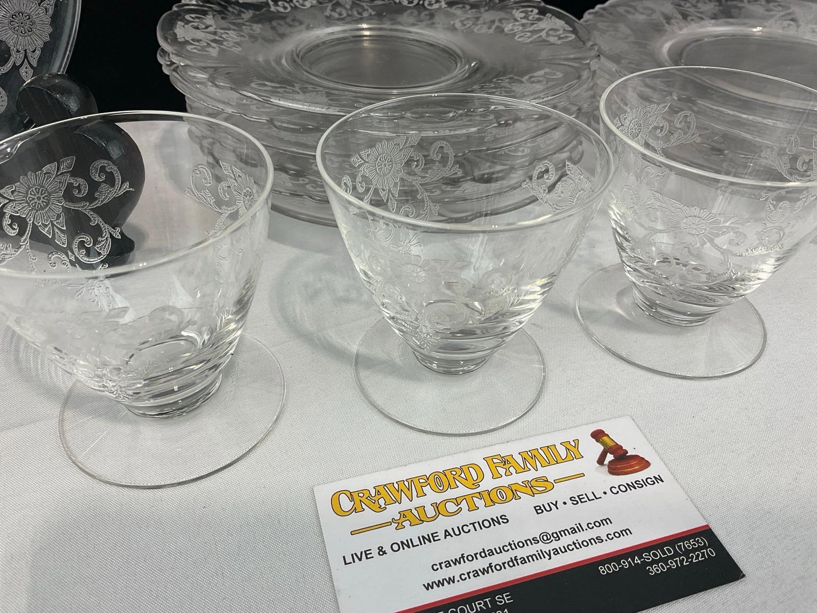 15 pieces of Vintage/Antique Heisey Etched Glass China, Same pattern, 6 & 6 Plates & 3 small cups - 2