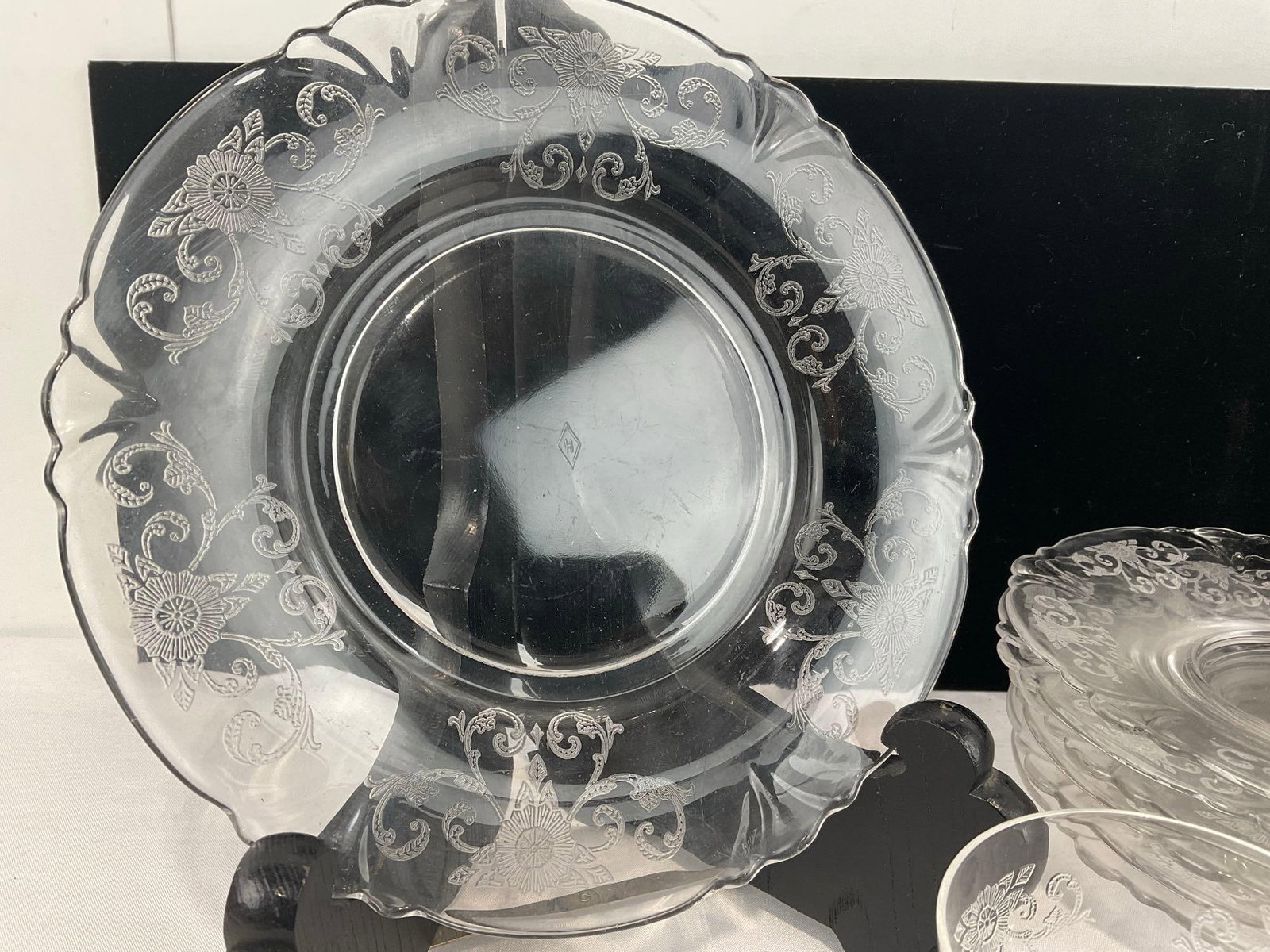 15 pieces of Vintage/Antique Heisey Etched Glass China, Same pattern, 6 & 6 Plates & 3 small cups - 3