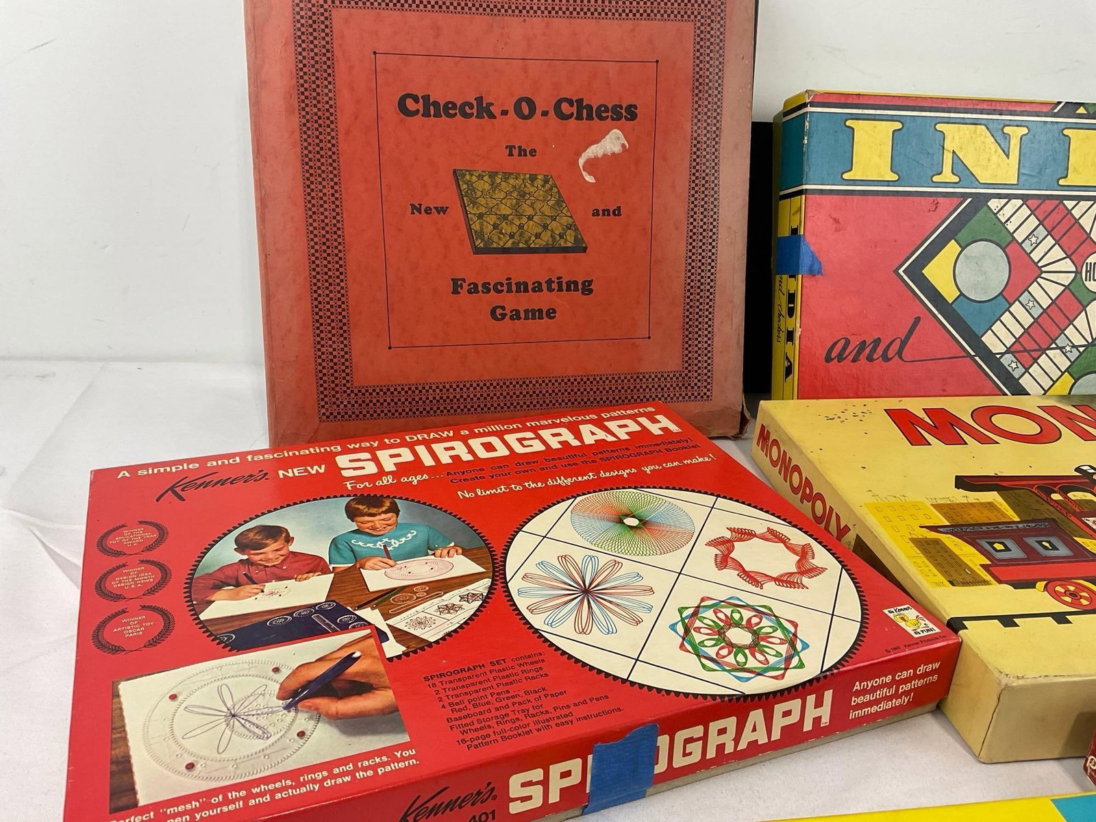 Vintage Boardgames, Kenners Spirograph, Check O Chess, India, Monopoly, Ginnykub, & Yahtzee Score... - 3