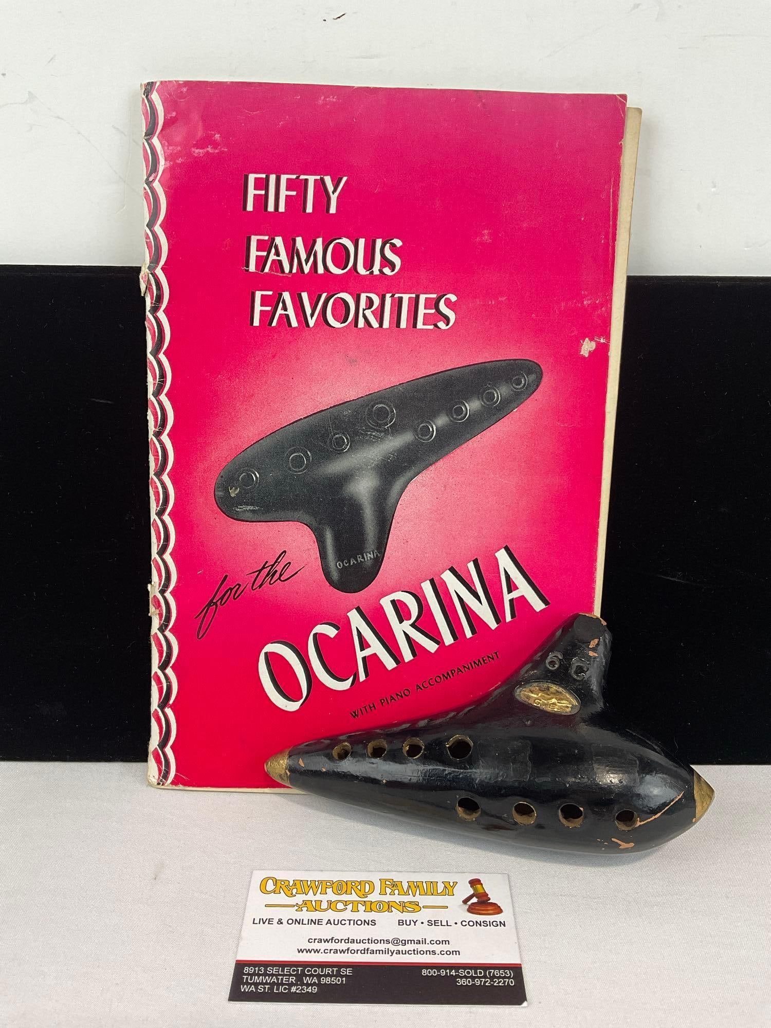 Vintage Guido Bondi 6C Clay Pottery Ocarina & Song Sheet Music Booklet: Missing black painted finish. See pics for condition. Measures approx 11h x 8w x 4d inches. E-6610