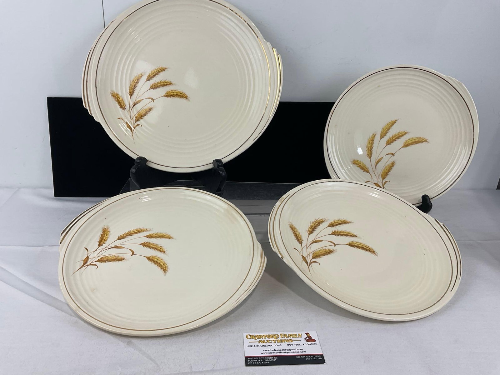 Edwin Knowles China Yorktown Shape, Dinner Plate, 2x Lunch Plates, & Salad Plate, Wheat Pattern: One of the Wheat designs is a bit worn in the center. See pics for condition. Measures approx 4h x 15w x 14d inches. E-6610
