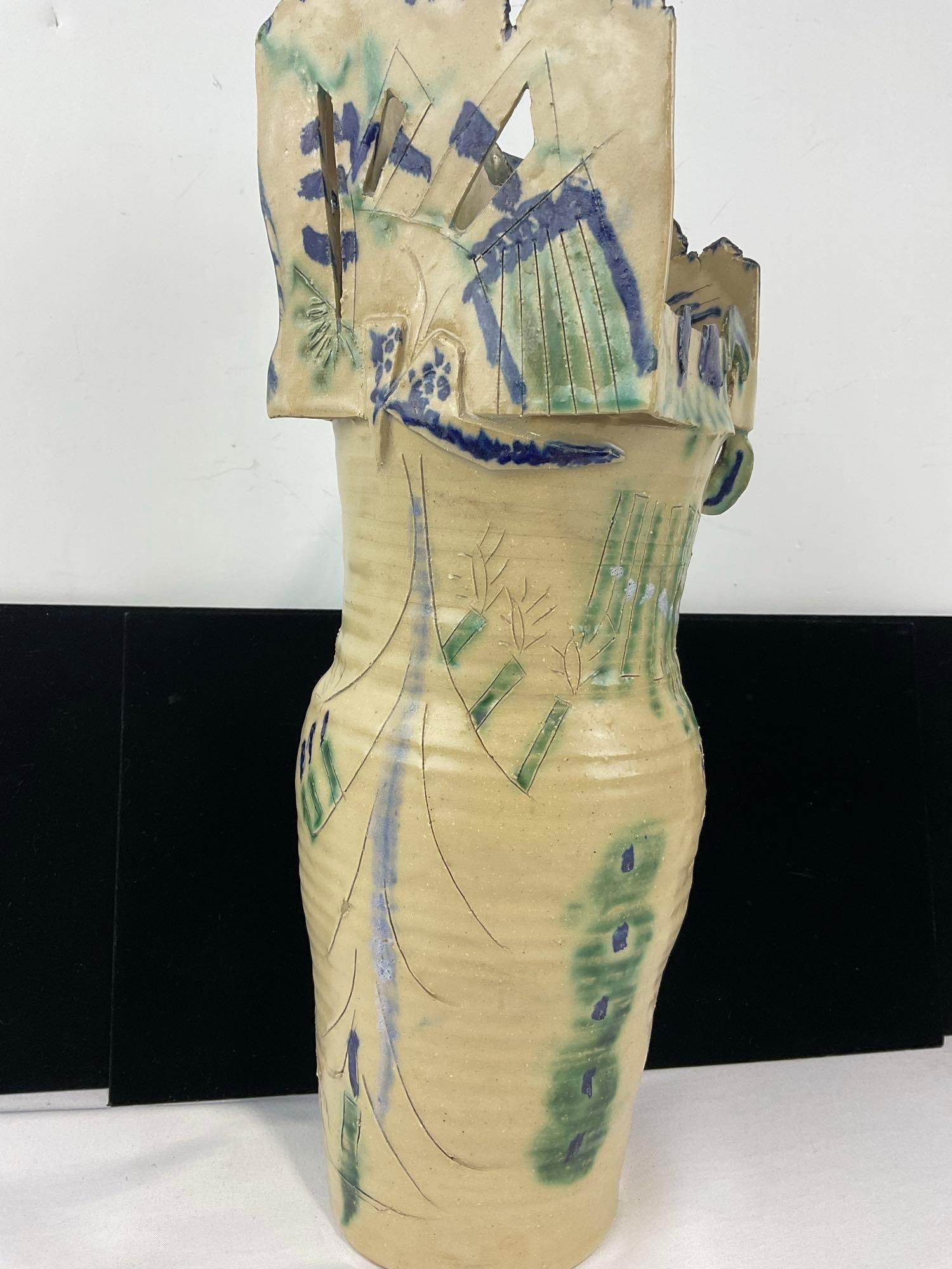 Unique Studio Abstract Art Pottery Vase, Offwhite w/Blue & Green handpainted Details - 2